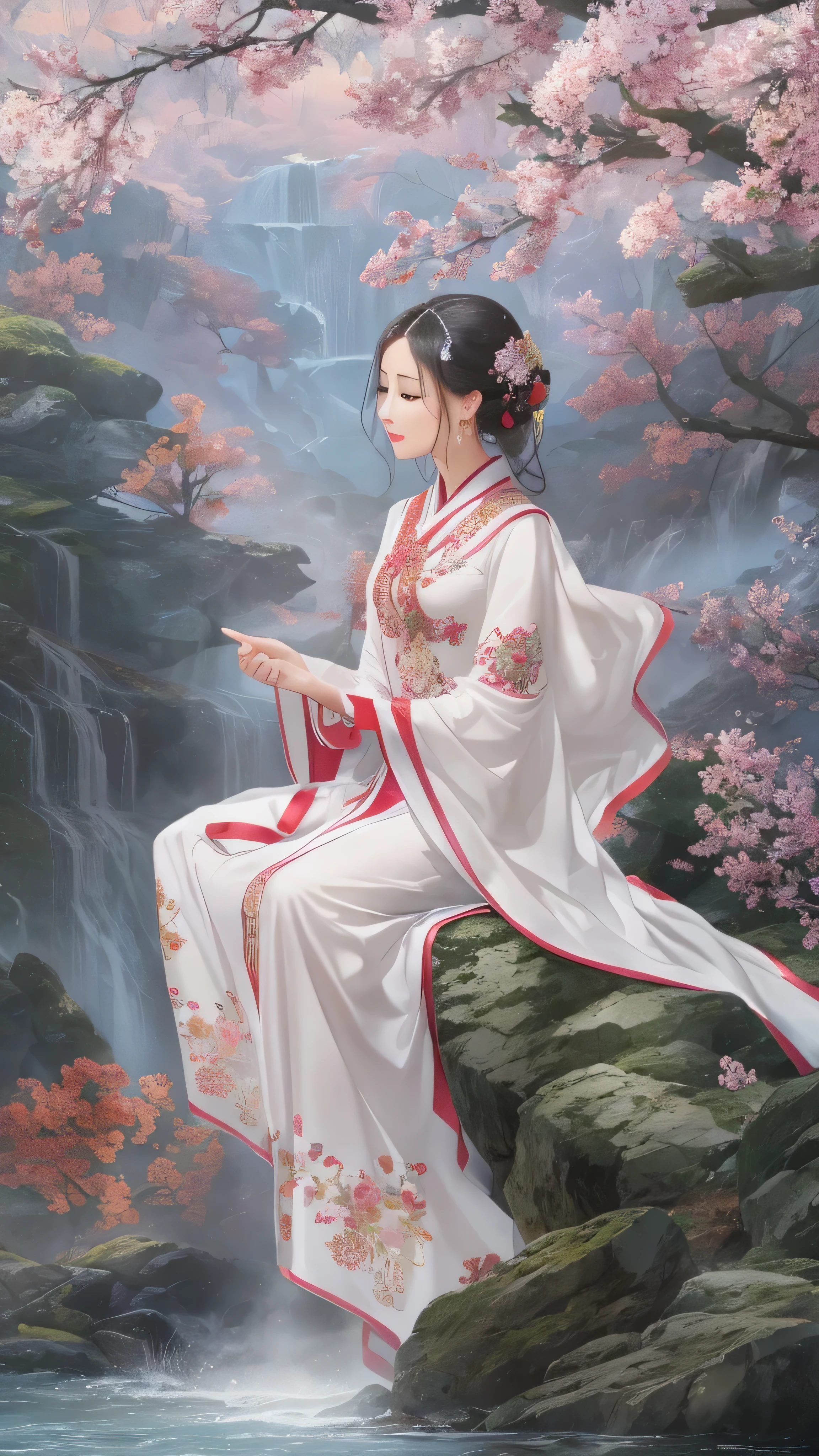 masterpiece,  top quality,  elegant new year poster 2025 characters star,white snake and girl、On the waterfall side 。