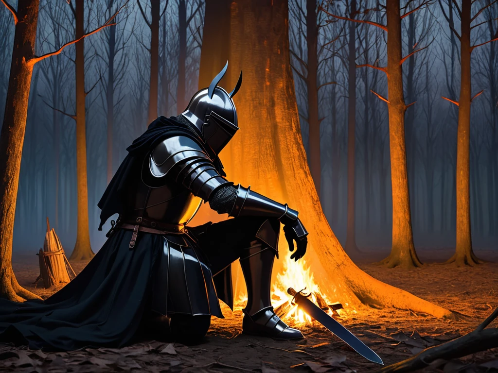  Description :
"A mysterious knight in black armor,  worn out and with battle scratches ,  he is sitting on the floor of a dark forest at night .  He is looking directly at a bonfire before him ,  Softly illuminates your figure and the surrounding environment with an orange light. Next to the knight ,  a sword is stuck in the ground . The forest is dense, With tall, dark trees,  and the sky has few visible stars .  The scene style is semi-realistic , with detailed textures,  but maintaining a stylized look , .  The atmosphere is melancholic and introspective ,  conveying a moment of solitude and reflection ."