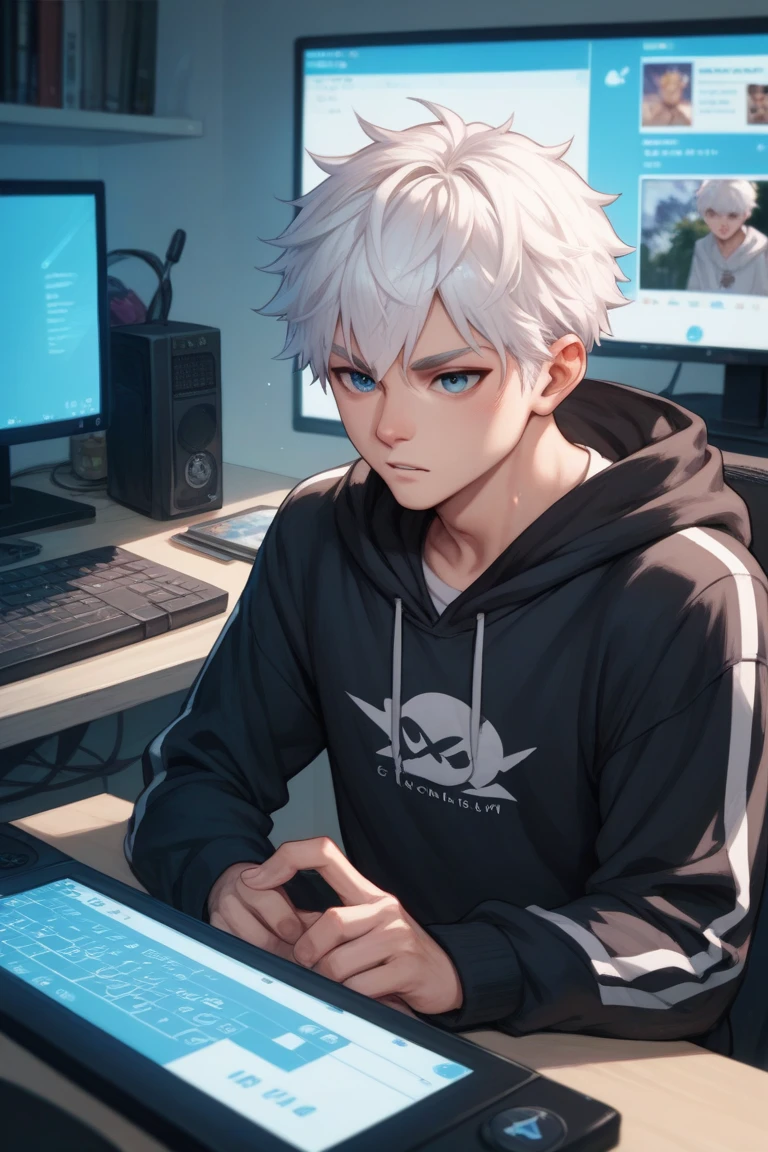 anime, PC screen of a young man in his room,  white hair, Black hooded sweatshirt,  On-Screen Message 