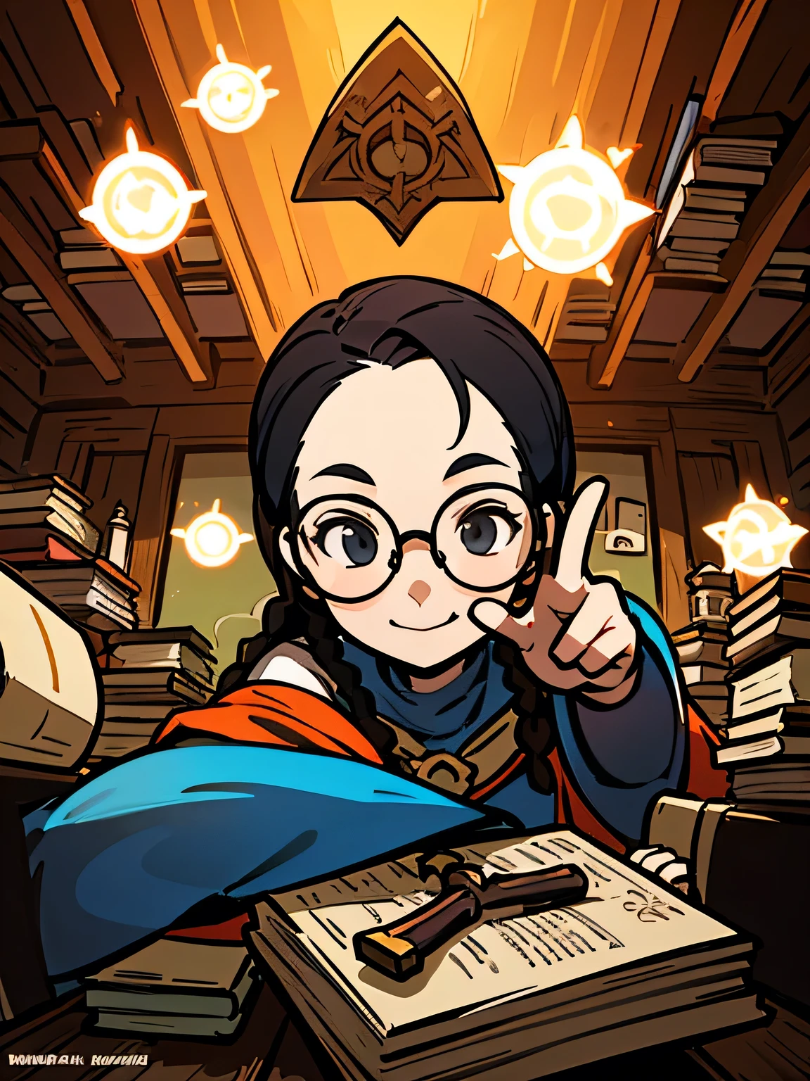 (frontview,looking at viewer:1.3),upperbody,Alone,18years old,black braids,forehead,(Magic Pose :1.3),glasses, Walled Wizard's Room , Lots of dictionaries and books piled up on my desk, Colorful Wizard's Tools , cute face,smile, High Quality , Best Quality ,(illustration)
