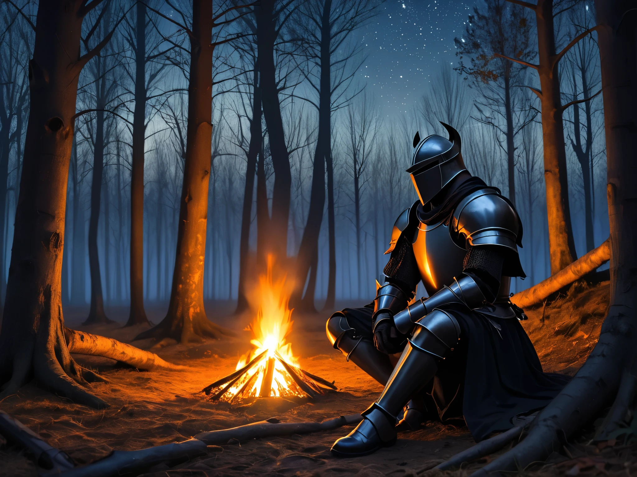  Description :
"A mysterious knight in black armor,  worn out and with battle scratches ,  he is sitting on the floor of a dark forest at night .  He is looking directly at a bonfire before him ,  Softly illuminates your figure and the surrounding environment with an orange light. Next to the knight ,  a sword is stuck in the ground . The forest is dense, With tall, dark trees,  and the sky has few visible stars .  The scene style is semi-realistic , with detailed textures,  but maintaining a stylized look , .  The atmosphere is melancholic and introspective ,  conveying a moment of solitude and reflection ."