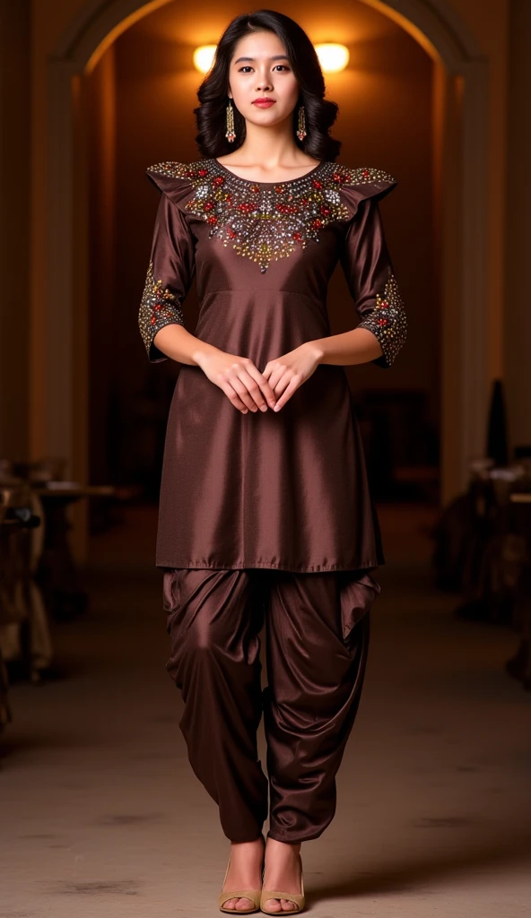 a tall apple shape body figure woman stands straight gracefully at a party,camera-facing with her hands straight down together in front of her.she is wearing a punjabi-style outfit made of beautiful dark brown pure tuscle raw silk fabric with multicolor rhinestone kaali kurti. the round-neck kurti has exaggerated puffy shoulders, adding a dramatic flair, and fitting 3/4 sleeves for an elegant touch. paired with pure tuscle raw silk fabric dhoti-style shalwar,the look is completed with high heels that accentuate her poised stance,exuding sophistication and allure.