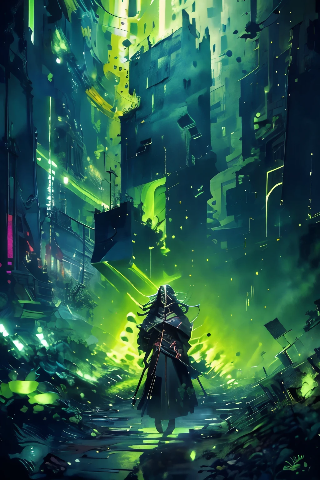 (Screen print:1.3) ((masterpiece,best quality)), Necron_Architecture, electricity, green glow, green theme, a photo of a woman