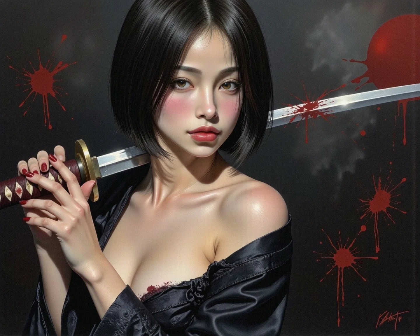 A seductive girl, direct gaze, short black hair, pale skin, kimono, off shoulder, cleavage, both hands on the hilt of a katana, splatter, red light illuminating one side of face, silhouetted, chiascuro, dark fantasy oil painting, dynamic angle, aesthetic, drkfnts style