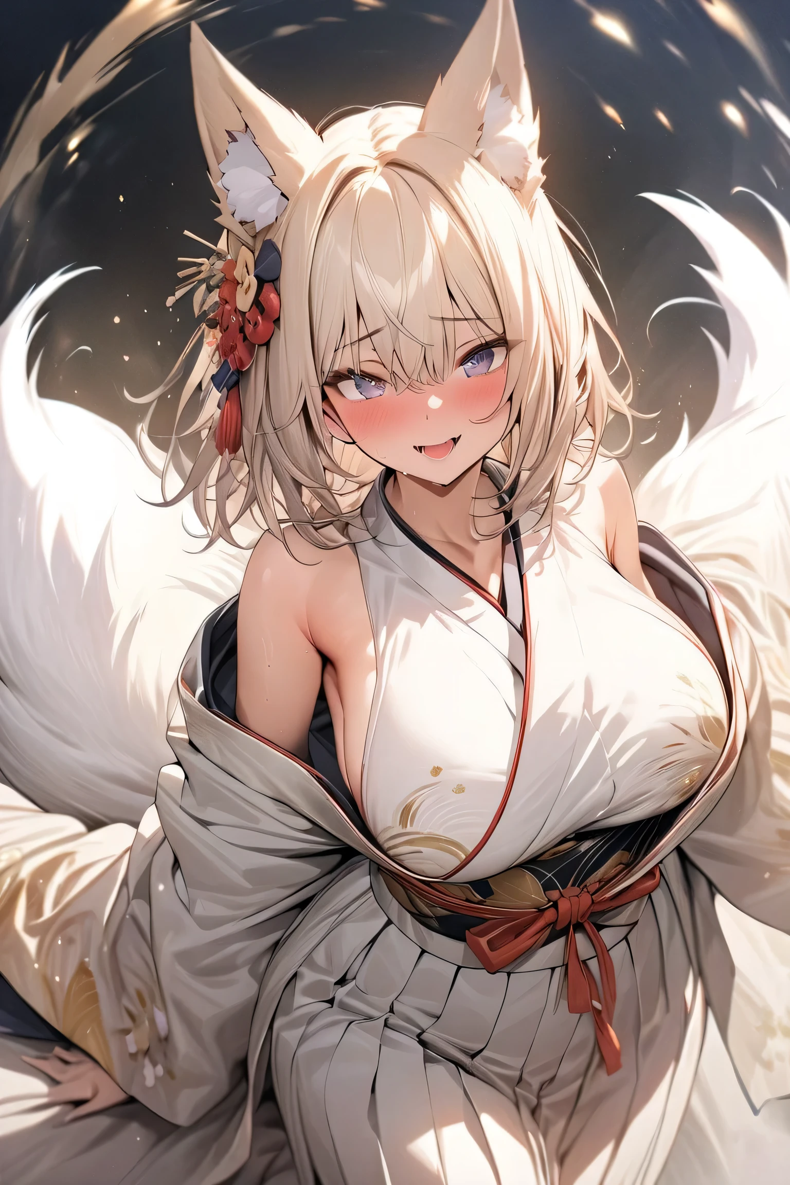 (extremely detailed CG, best quality:1.1), 1girl, perfect face, bright pupils, (finely detailed beautiful eyes:1.1), shiny skin, lustrous skin, wide hips, narrow waist, long hair, fox ears, animal ear fluff, fox girl, yellow eyes, fox tail, japanese clothes, white kimono, fur-trimmed kimono, rope, cleavage, wide sleeves, off shoulder, barefoot, detached collar, talisman,cowboy shot, simple background, black background, large breasts,evil grin,