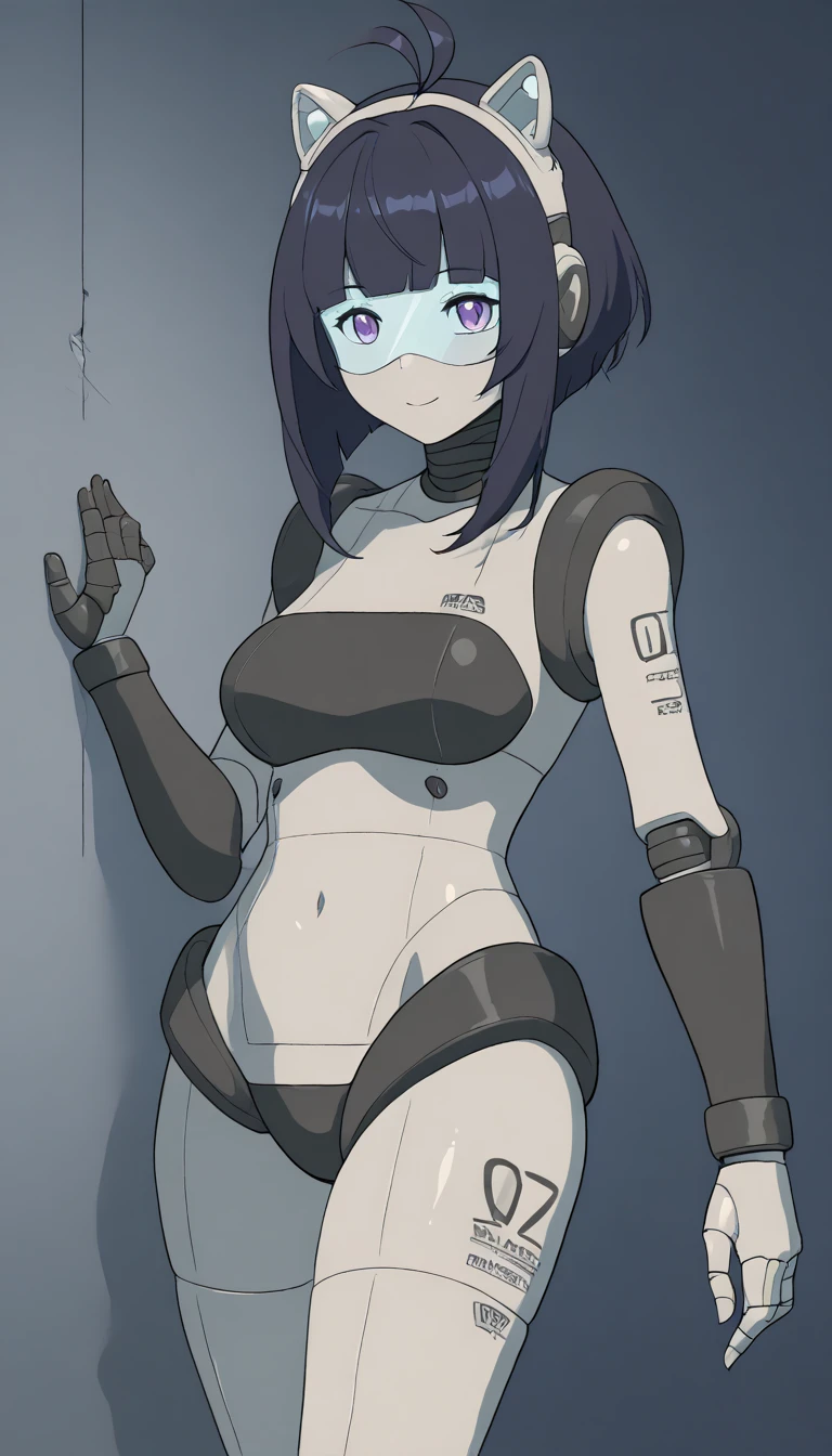 masterpiece, best quality, extremely detailed, (8K, 4K, Best Quality, hight resolution, 超A high resolution:1.1), ,8k portrait, Japaese android Girl,Plump , dark black leg cover,announcer,control panels,android,Droid,Mechanical Hand, Robot arms and legs, Black Robot Parts,purple long hair,Mechanical body,Blunt bangs,perfect mechanical abdomen,black robotics parts,perfect robot woman,future laboratory,cyber pank,charging spot,laboratory,long tube,thick cable connected her neck,black ceramic body ,perfect mechanical body, black robot body,lod antenna,mechanical ear cover,android,robot humanoid,black sponge joints,The removable cover is in the groin,The connection port is in the groin,opened chest panel,access panel on the chest,opened breast panel,perfect mechanical breast,perfect black machine body,perfect black android body,She has repaired,assembly plant,no human skin,visor,mistyrobot,,smile,spread arm,robot joint,doll joint,robotization,mecha musme,robot transformation,dress,android,fellatio,yuri,lesbian,raiden shogun 