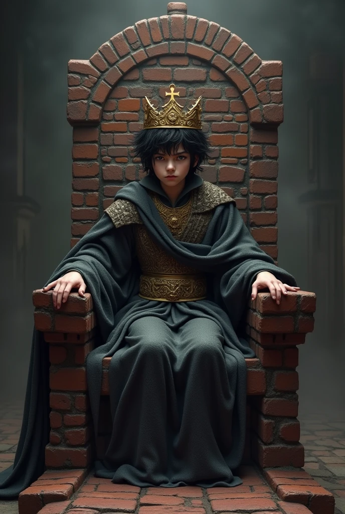 10 years old male, alone in a dark throne, hugging a torn sword, a big torn crown on his head, sad, dark atmosphere, big dark room, a grim face, dark hair