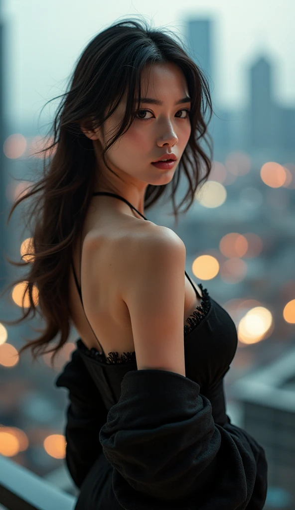 Woman dressed in evening wear in the middle of the night, placed in the center of the lens with the gaze straight towards the viewer the image must be disturbing