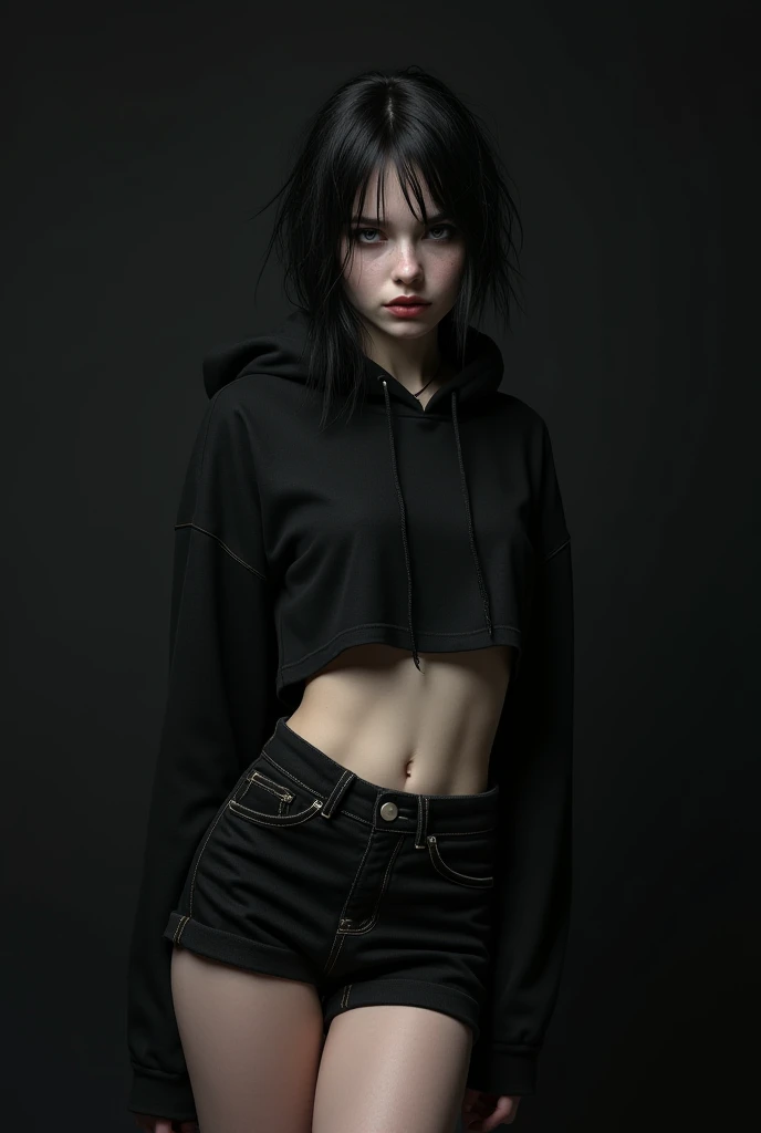 1 girl, pale skin, black and red medium hair , black shirt, black stockings, black necklace, dark blue eyes.