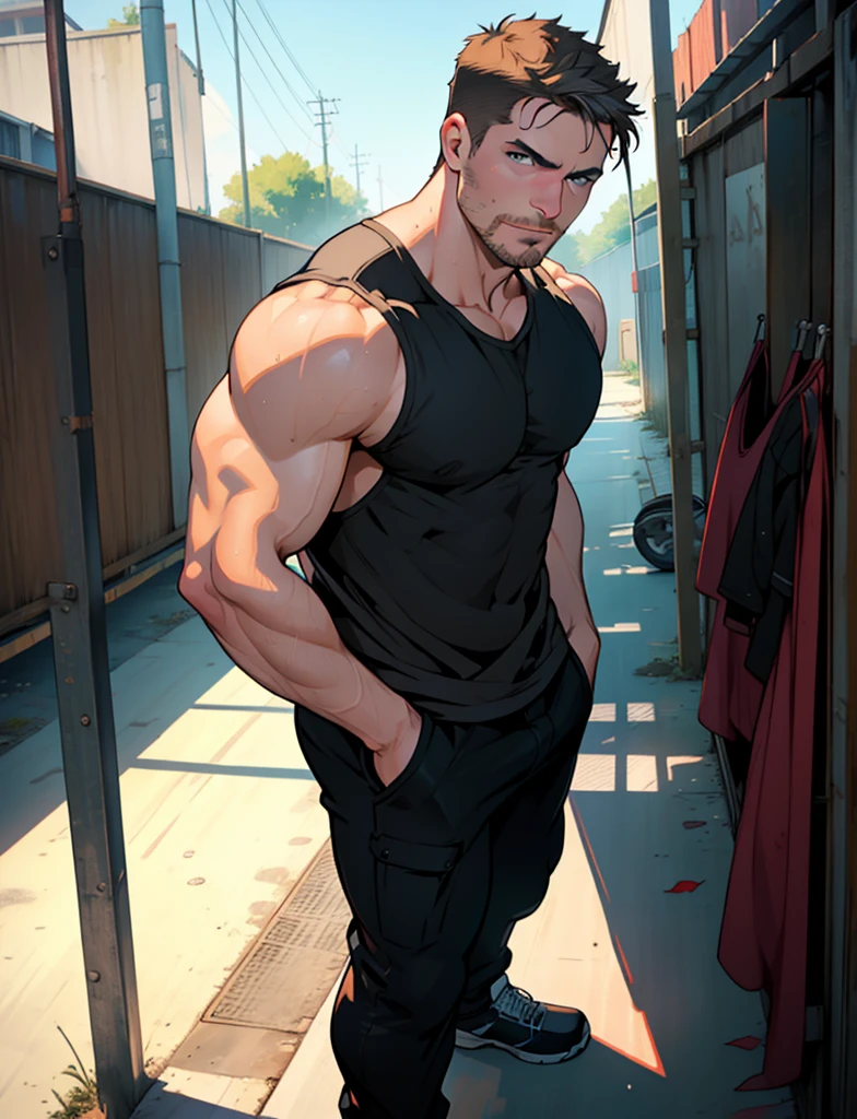 1 male, Chris Redfield 50 yo, male focus, beard,muscular male,  short hair, pushed back hair style, mature male, (black tank top:1.3), pectoral cleavage, mustache, brown hair, hand on chest, indoors, blue eyes, chest hair, covered abs, muscled legs, big feets, hairy legs,  window, door,black briefs, wearing no shoe, black socks(black socks:1.3), full body shot, bulge, focus on socks