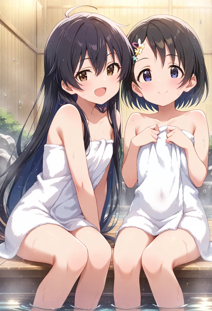 ((Two young girls ,low length,Improve)) ,Flat Chest((,))Black Hair,Pin your bangs back,big head, Side Ponytail,Cowboy Shot,Browsing Caution,plump,hot spring,nude ,towel,organize,shy,blush,View your viewers.pov handjob