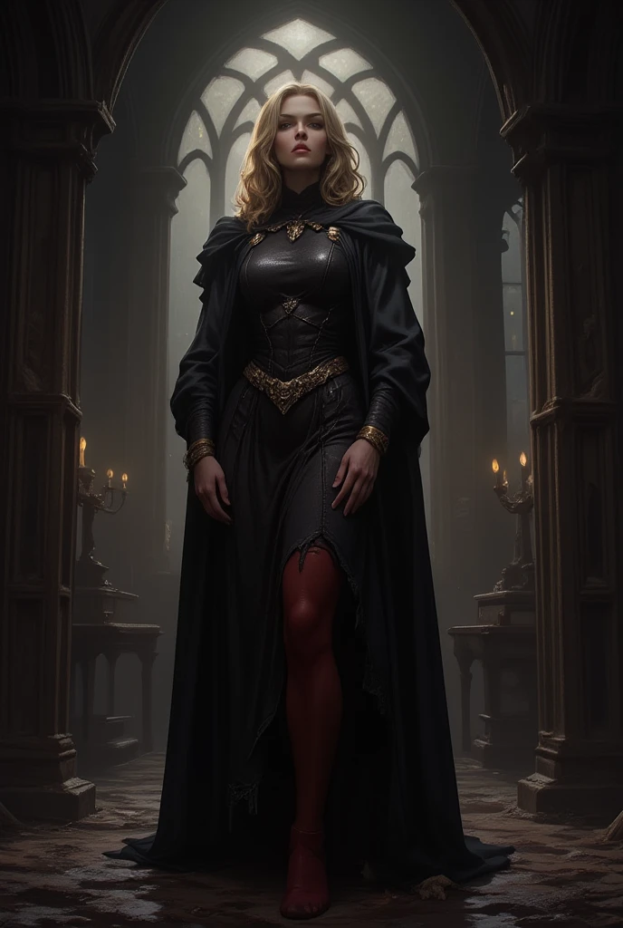 Dark souls, dim murky lights, old church, , Slim, tall, long curly blonde hair, long black cape, Red tights long skirt, diamond long skirt, Golden bangles, 8K, official style, European aristocrats,