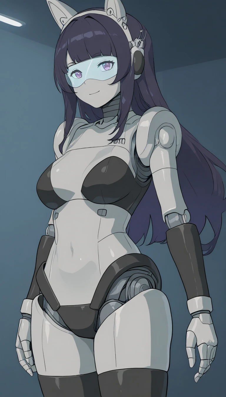 masterpiece, best quality, extremely detailed, (8K, 4K, Best Quality, hight resolution, 超A high resolution:1.1), ,8k portrait, Japaese android Girl,Plump , dark black leg cover,announcer,control panels,android,Droid,Mechanical Hand, Robot arms and legs, Black Robot Parts,Black long hair,Mechanical body,Blunt bangs,perfect mechanical abdomen,black robotics parts,perfect robot woman,future laboratory,cyber pank,charging spot,laboratory,long tube,thick cable connected her neck,black ceramic body ,perfect mechanical body, black robot body,lod antenna,mechanical ear cover,android,robot humanoid,black sponge joints,The removable cover is in the groin,The connection port is in the groin,opened chest panel,access panel on the chest,opened breast panel,perfect mechanical breast,perfect black machine body,perfect black android body,She has repaired,assembly plant,no human skin,visor,mistyrobot,,smile,spread arm,robot joint,doll joint,robotization,mecha musme,robot transformation,dress,android,fellatio,yuri,lesbian