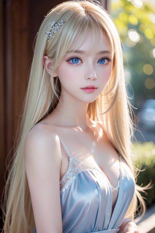 Highest quality、masterpiece、Ultra-high resolution、(Photorealistic:1.4)、1 Girl、14 years old、The ultimate beautiful girl、Very beautiful shiny light pale blonde hair、Super long straight silky hair、bangs over eyes、片bangs over eyes、Blonde hair between the eyes、Blonde hair hanging in the center of the face、Big, very bright, pale blue eyes that shine beautifully、Very big bright eyes、Eye highlights、shoulder、Charm、Looking at the camera、Very white and bright skin、Small Face Beauty、Round face、A shy, gentle and bright expression、Looking up、Cheek gloss highlighter