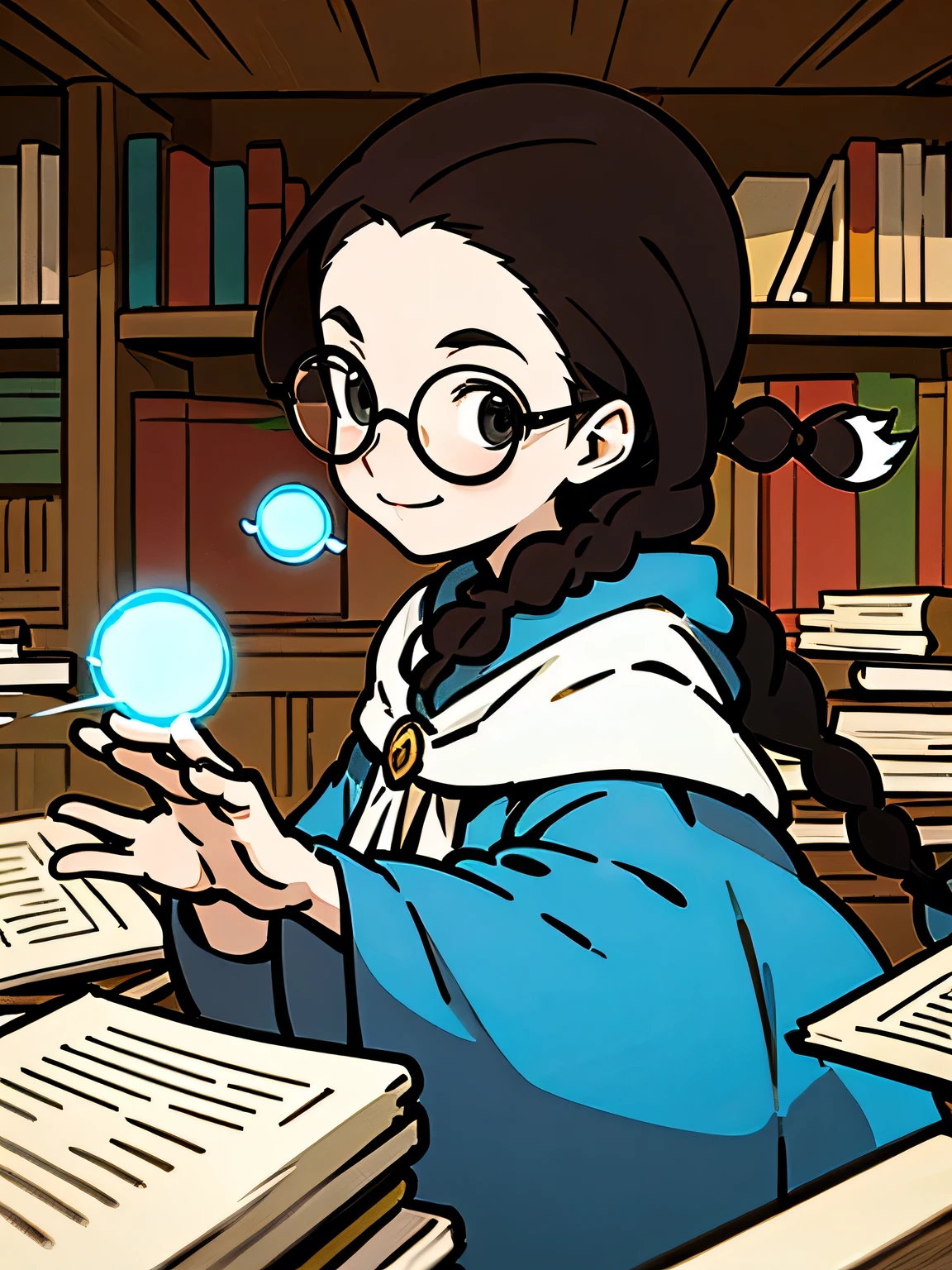 (sideview,looking at viewer:1.3),upperbody,Alone,18years old,(white color single braid),forehead,(Magic Pose :1.3),glasses, Walled Wizard's Room , Lots of dictionaries and books piled up on my desk, Colorful Wizard's Tools , cute face,smile, High Quality , Best Quality ,(illustration)