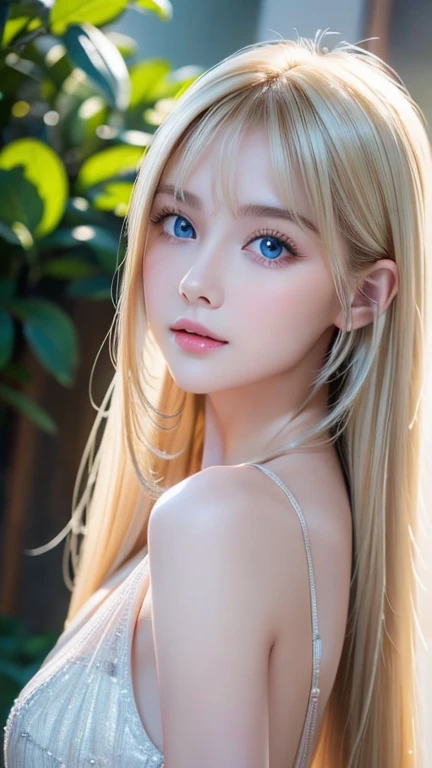 (((Big Breasts、blouse、Off the shoulder、one piece、White background)))、forehead、Northern Europe、Russia、beautiful girl、Platinum Blonde Hair、Straight long hair、Hitting the face and front of the eyes、Big blue eyes、Sheer white and wet nightgown、Northern Europeの若者、Perfect body、White tendons、Glowing Skin、Young and beautiful skin、A perfect and beautiful little face、Bright makeup、Pale pink lips、Bright expression、16-year-old girl、lipstick、Deceptive advertising、Viewer&#39;s vision、Golden Hour Lighting、Bokeh Atmosphere Perspective、detailed、Movie Light、複雑なdetailed、High resolution、 フェイスデザインのdetailedな特徴、Attention to detail、Clear focus、Smoothness、aesthetics、Printed、Octane、{{masterpiece}}