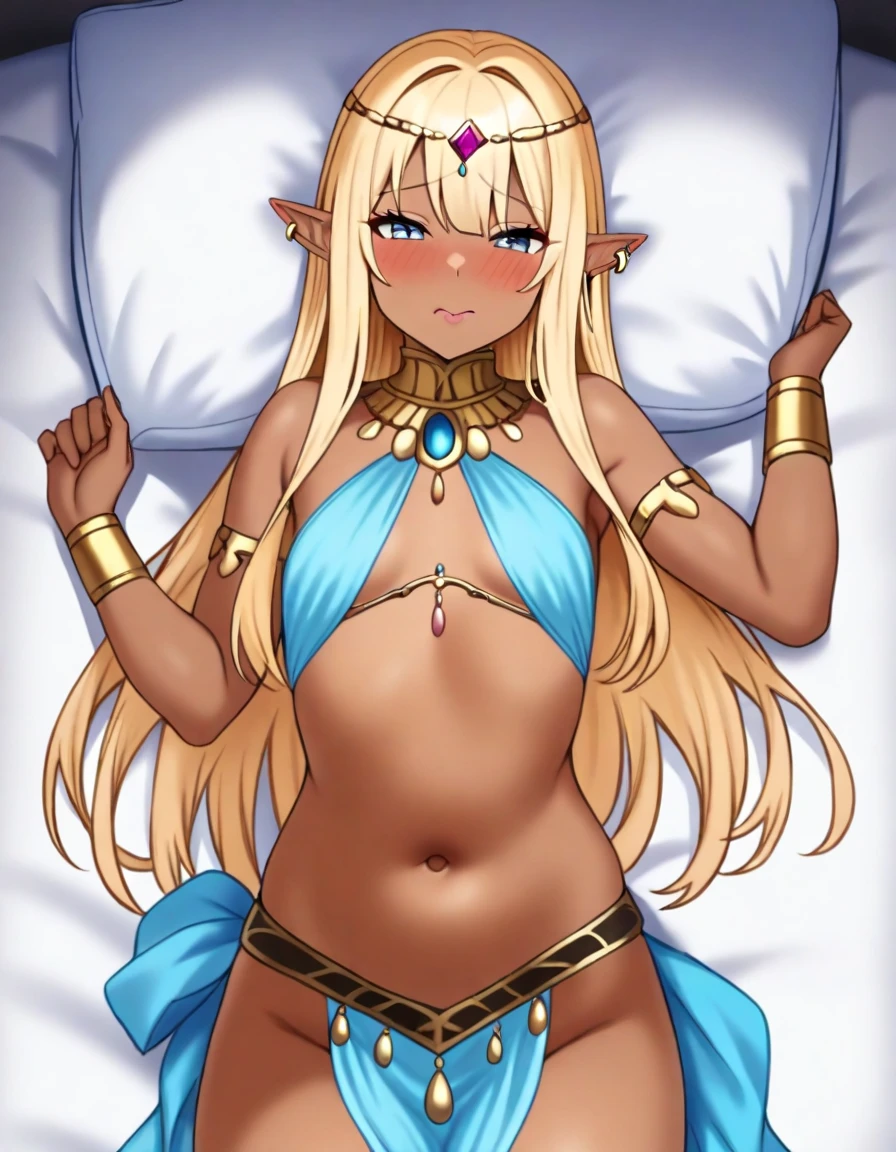 best quality, amazing quality, very aesthetic, absurdres,
1girl, brown skin girl, solo, Score_9_up, score_8_up, score_7_up, body pillow, body pillow cover, dakimakura, long hair, blonde hair, blue eyes, elf ears, belly dancer outfit, small breasts, earings, shy, pink lips, pink eyes shadow,