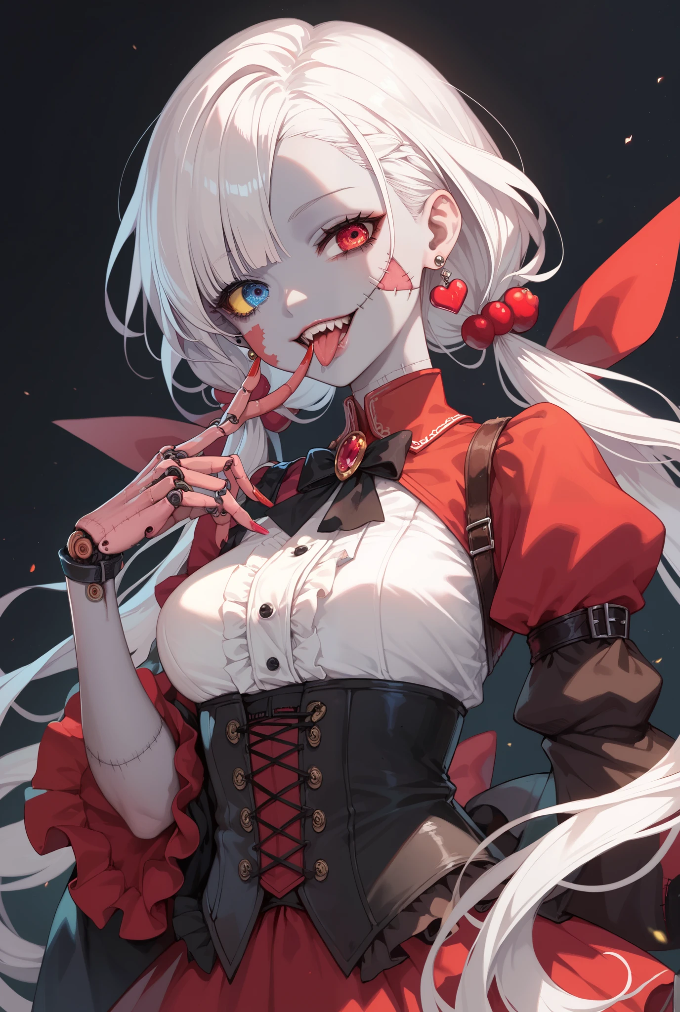 Solo, Long Hair, White Hair, loose pigtails, zombie girl with mismatched skintones, stitches, Heterochromia, Detail, Best Quality, Anatomically Correct, High Resolution, Masterpiece, Earrings, Anime Style, Anime, finger to lips, morgue background, detailed face, detailed hands.