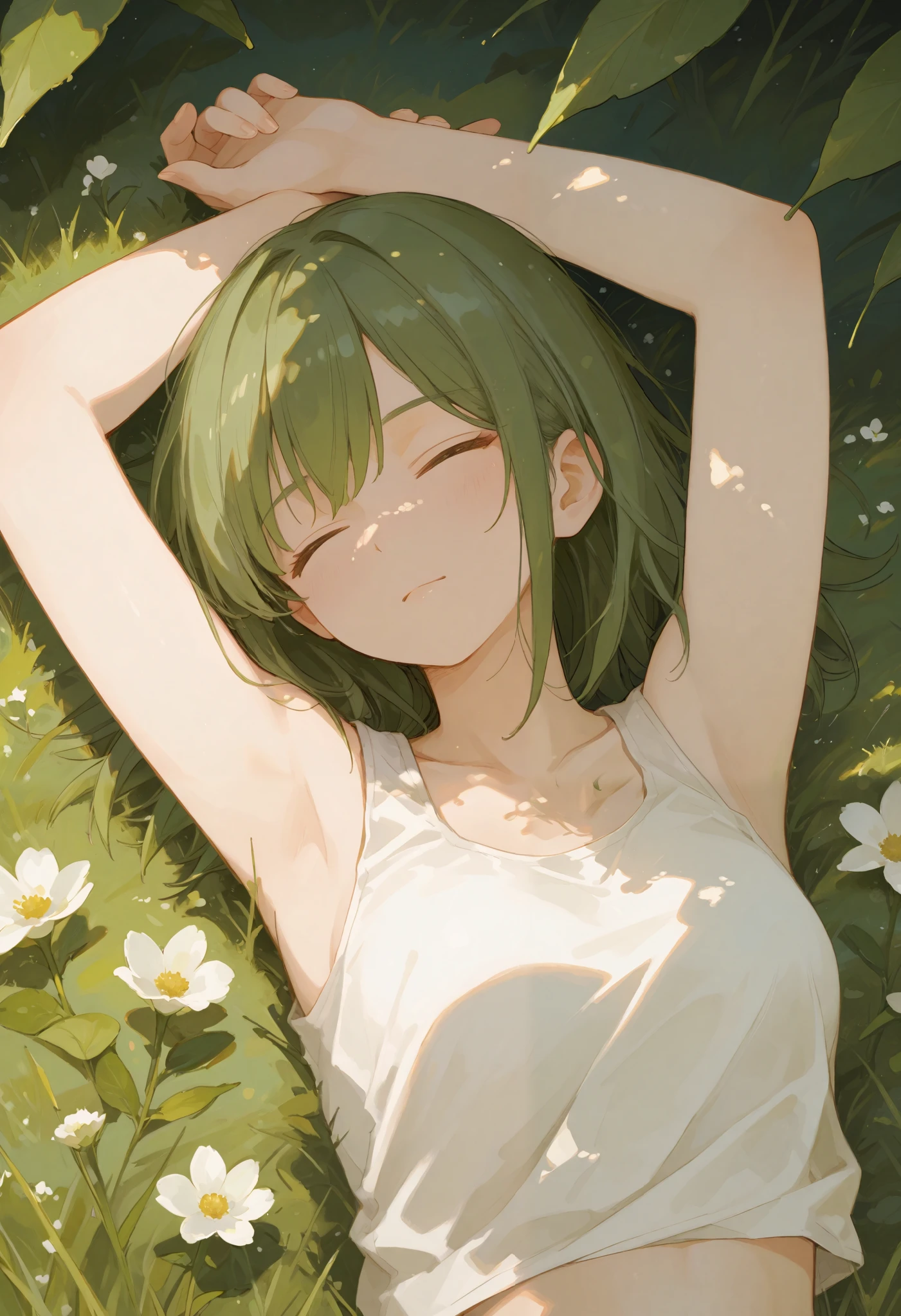 A tranquil anime-style illustration of a woman lying on a lush green field surrounded by vibrant grass and small white flowers. She wears a simple white tank top, her arms relaxed behind her head, and her eyes closed, radiating peace and contentment. A tabby cat lies beside her, its eyes gently closed as it basks in the sunlight.
Sunlight filters through the leaves above, creating dappled patterns of light and shadow on her face and the grass. The background features dense greenery and a serene, natural atmosphere, emphasizing the quiet harmony between the woman and her surroundings. The composition captures a moment of restful solitude in nature, with warm lighting and soft textures that highlight the peaceful mood.
dreadmirthart