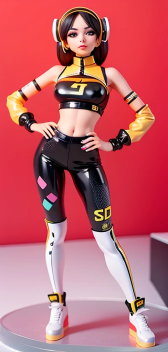 ((best quality,4k,highres,masterpiece:1.2)),((character concept art)), 1 female, 18-year-old Chinese girl, , ((black hair)), big fake , small slim body, perfect shape, heavy makeup, party-lover, luxury goods enthusiast, ((intricate detail)), super finely detailed hands, ultra finely detailed fingers(((ten fingers))), wearing EDM rave costume - neon crop top, high-waist shorts, fishnet tights, platform sneakers, LED gloves, candy bracelets, fuzzy leg warmers, light-up headband, reflective sunglasses, body glitter, (standing casually), (full body showcase), (show full body), (no logos on background), (no logo), ((plain background)), ((plain background)), (((empty background)))