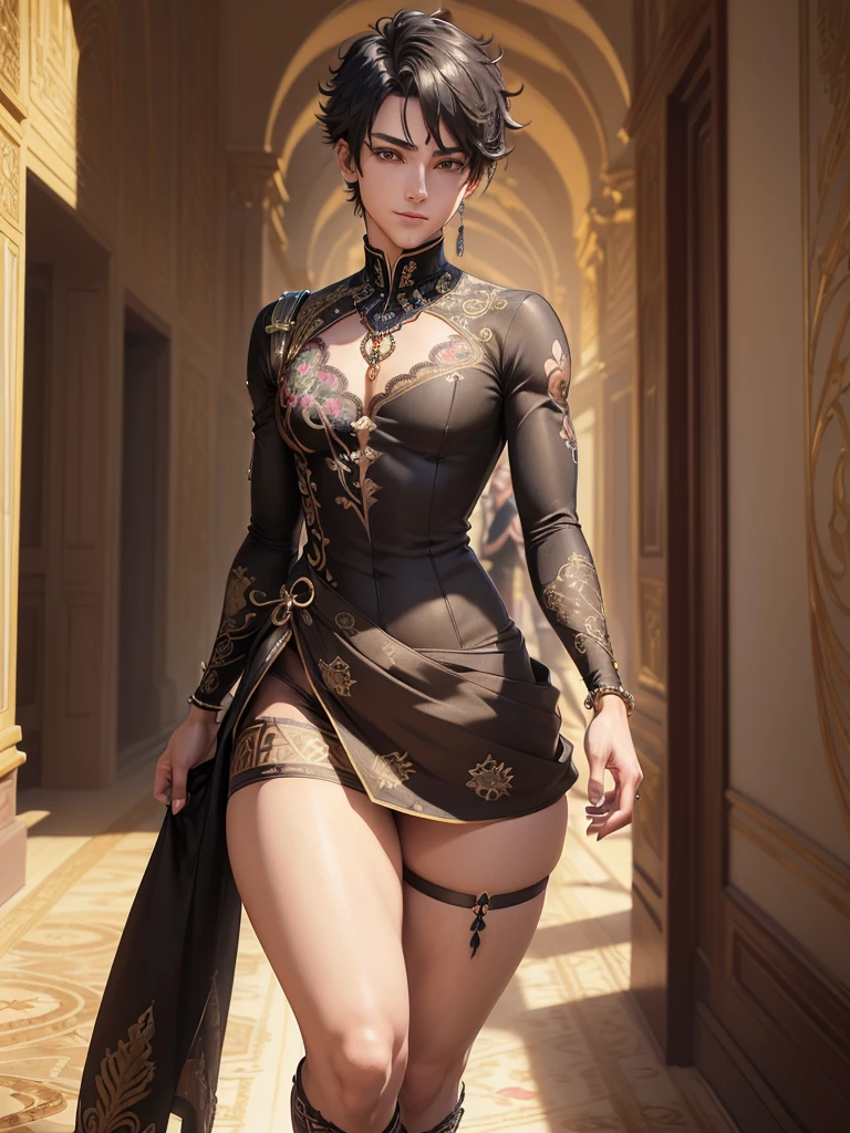 (SFW)1mulher de longos cabelos negros sedosos, olhos negros cativantes, middlebreasts, usando uma vestimenta hunfa no estilo wuxia, sensualidade impressionante, Holding a large battle spear, Standing in front of a grand staircase, arte detalhista e perfeita, epic scene (SFW)