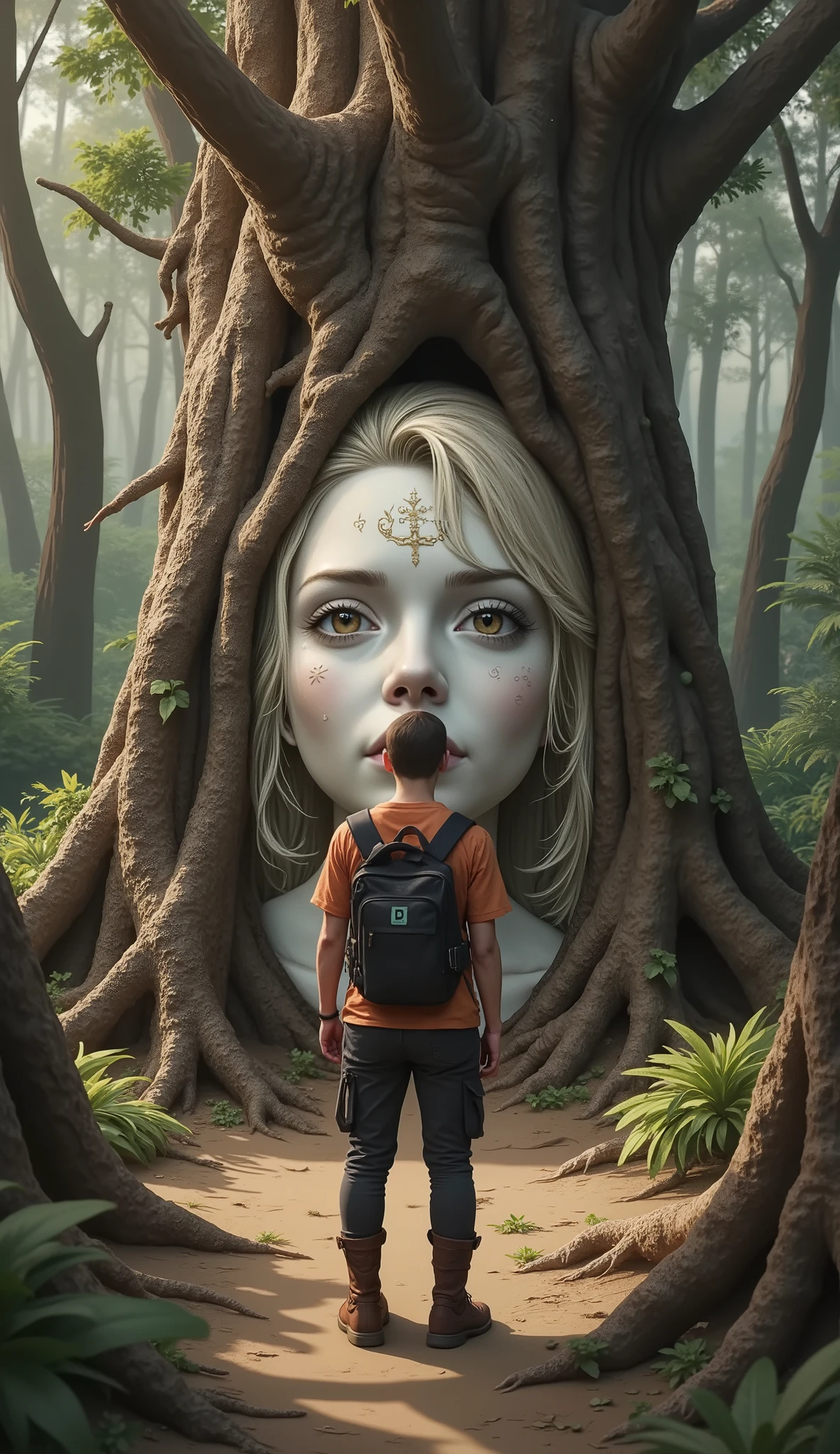 First person perspective, You find a mysterious mirror deep in the forest, placed in a tree, and your stone-like appearance is reflected in the mirror, just like an artistic statue, There is no cursed statue to begin with, you are cursed to become a statue, Create a work of art in which the adult viewer transforms into a statue, Explorer outfit, hzk, ARW.