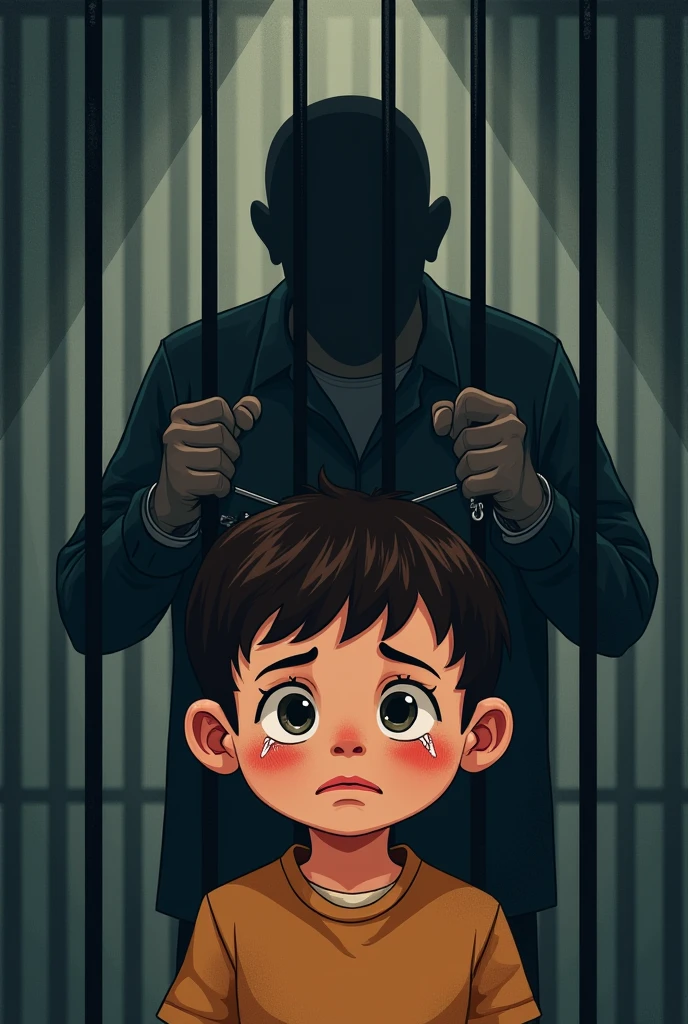 Cinematic cartoon style. comic art. TME0224 face, sad expression, (((a baby boy, 4 year old))) in a funny night (((wearing a baggy onesie with hands in mittens))), (((inside a tiny closed cage behind bars, sitting with the legs sticking out))). cinematic lighting, drop shadow, masterpiece, UHD, anatomically correct, textured skin, super detail, high details, high quality, best quality, 4K, full body, sitting with the legs sticking out of the bars