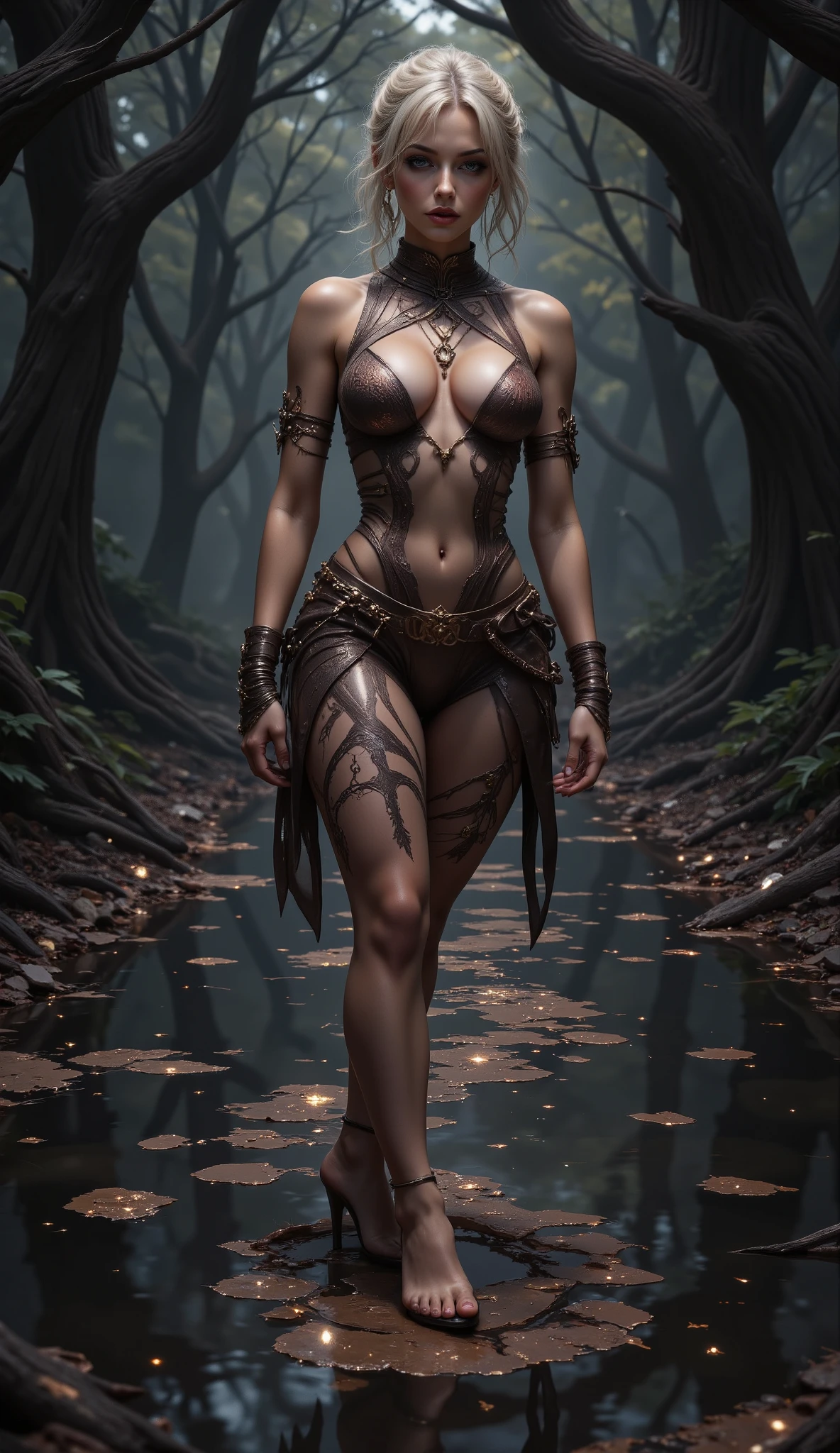 A beautiful explorer finds a mirror deep in the forest, alone, a mirror that reflects her, surrounded by skeletons and bones, \Description of the mirror, (mysterious, top quality carved decoration, beautiful and seductive reflection, shine, gloss, accurate reflection), \Description of the explorer, (beautifully detailed face, natural makeup, glossy lips, worn leather equipment), \Description of the curse, (turns the viewer to stone, the moment you look into the mirror, your feet turn to stone, seamlessly rising petrification), \Deep in the forest, (dark bushes where no light reaches, only the presence of the statue is conveyed), (((((shooting the explorer from behind the mirror, accurately showing the process of turning to stone))), (top quality, masterpiece, ridiculously high resolution). The statue's form is reflected in the mirror. hzk