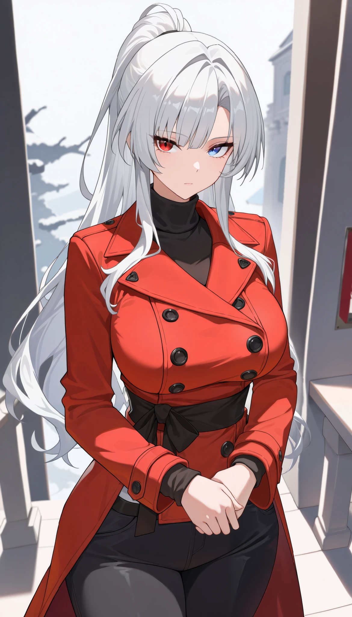 (best quality:1.3), (masterpiece:1.3), (ultra-detailed:1.3), absurdres, 1girl, solo, heterochromia, red_eye, blue_eye, white_hair, bangs, long_sleeves, large_breasts, tall, standing, mature_female, long_hair, black_pants, red_coat, sash, double_breasted, turtleneck, side_bangs, tsurime, ponytail, (acheron_\(honkai:_star_rail\):0.4),