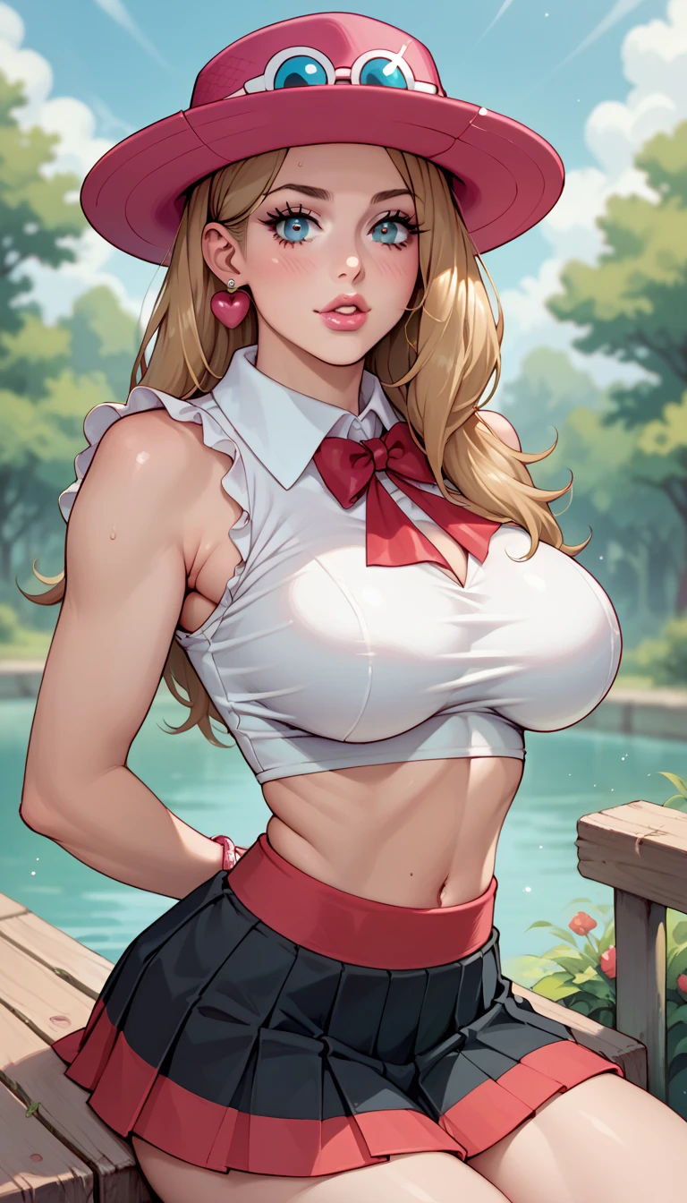 Serena from pokemon, big round gravity defying fake tits, bimbo, adult 22, detailed eyes, tight crop top, pleated miniskirt, hat