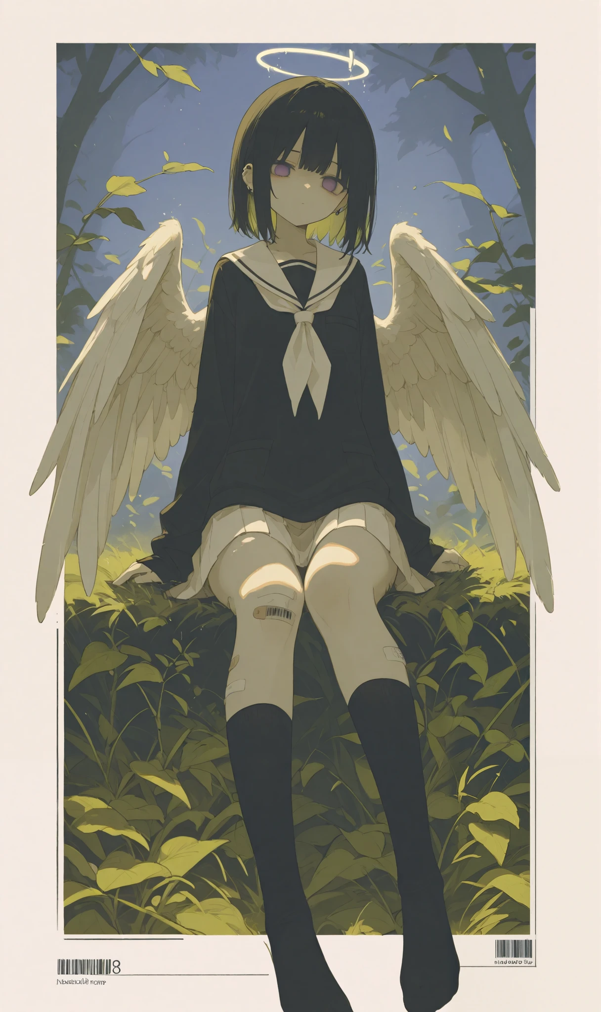 Black Hair,short hair,black eye,Angel&#39;s wing,Black clothes,Gender unknown,Expressionless,The lines are a little rough, best quality, masterpiece, 748cmstyle, 1girl, angel wings, white skirt, glitch, halo, bandaid on leg, black hair, barcode, school uniform, white neckerchief, black socks, long sleeves, medium hair, black shirt, dot mouth, white sailor collar, pleated skirt, serafuku, purple eyes, gauze, white wings, simple background, sitting, looking at viewer, blue background, blunt bangs, pale skin, sleeves past wrists, blush, long bangs, feet out of frame, kneehighs, feathered wings, ear piercing, knees up, no mouth, english text, bandaid on knee, colored inner hair, head tilt, bandages, empty eyes, sidelocks, purple background, Sunlight filters through the leaves above, creating dappled patterns of light and shadow on her face and the grass. The background features dense greenery and a serene, natural atmosphere, emphasizing the quiet harmony between the woman and her surroundings. The composition captures a moment of restful solitude in nature, with warm lighting and soft textures that highlight the peaceful mood. dreadmirthart