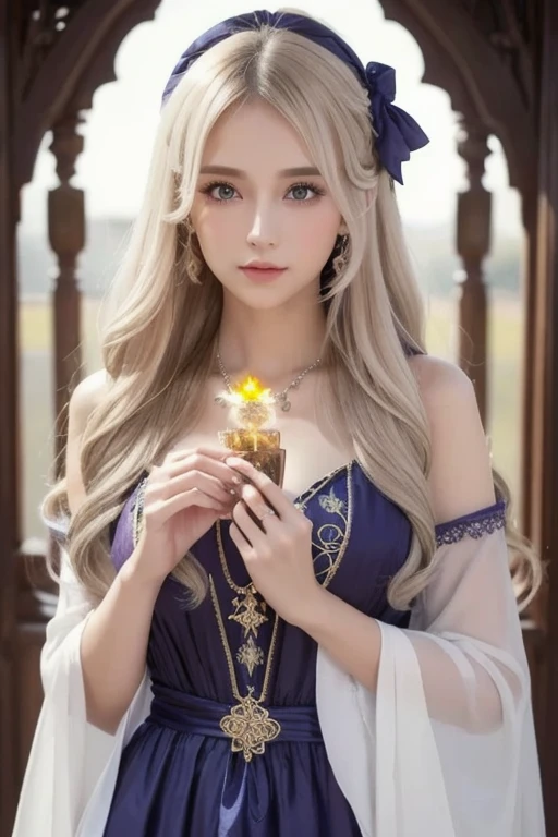  One Girl ,  long hair, Light Hair Color,  enchanting eyes,  Mysterious Expressions , Mature Appearance, Attractive dress,  Relaxed Dress, Graceful Jewels , Intricate decoration, Magic symbols, Glowing Accessories,  potion , Scroll, Cute accent, bow, ribbon, flower,