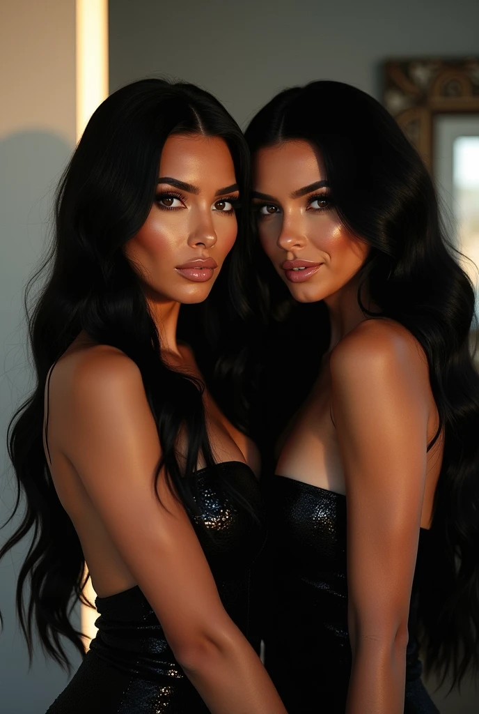 INSTAGRAM MODEL , with long wavy black hair, With her friend,Shoulder-length hair. light blue hair, full body view, sweet outfit, big boobs, , , (big boobs)