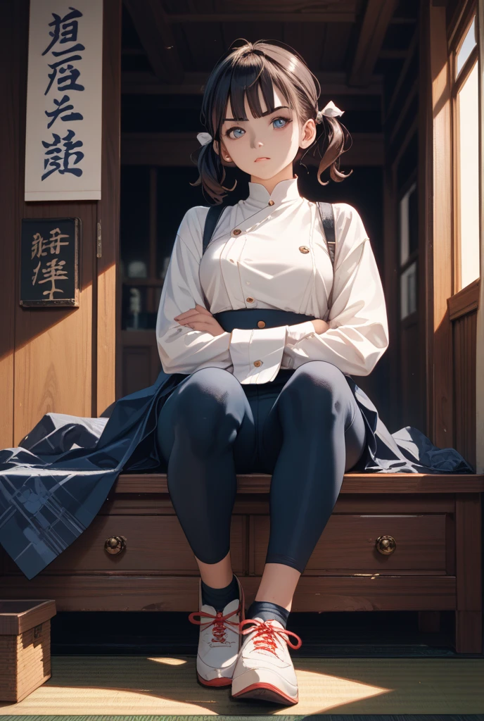 A female Japanese high school student in uniform wearing black pantyhose and loafers is sitting with her legs crossed. legs looming over you, detailed legs towering over you, with a scornful glance, portrait of person