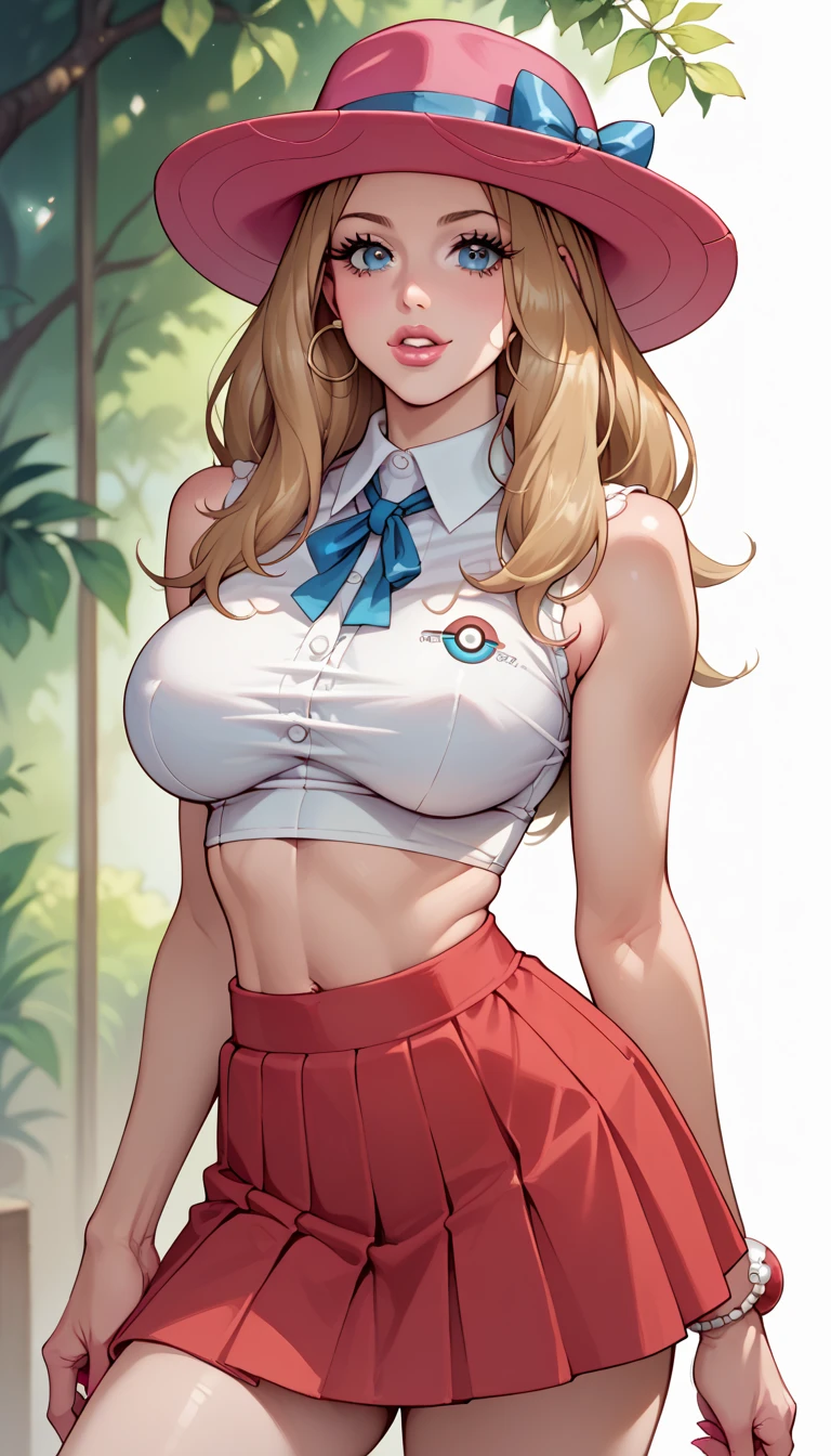 Serena from pokemon, big round gravity defying fake tits, bimbo, adult 22, detailed eyes, tight crop top, pleated miniskirt, hat