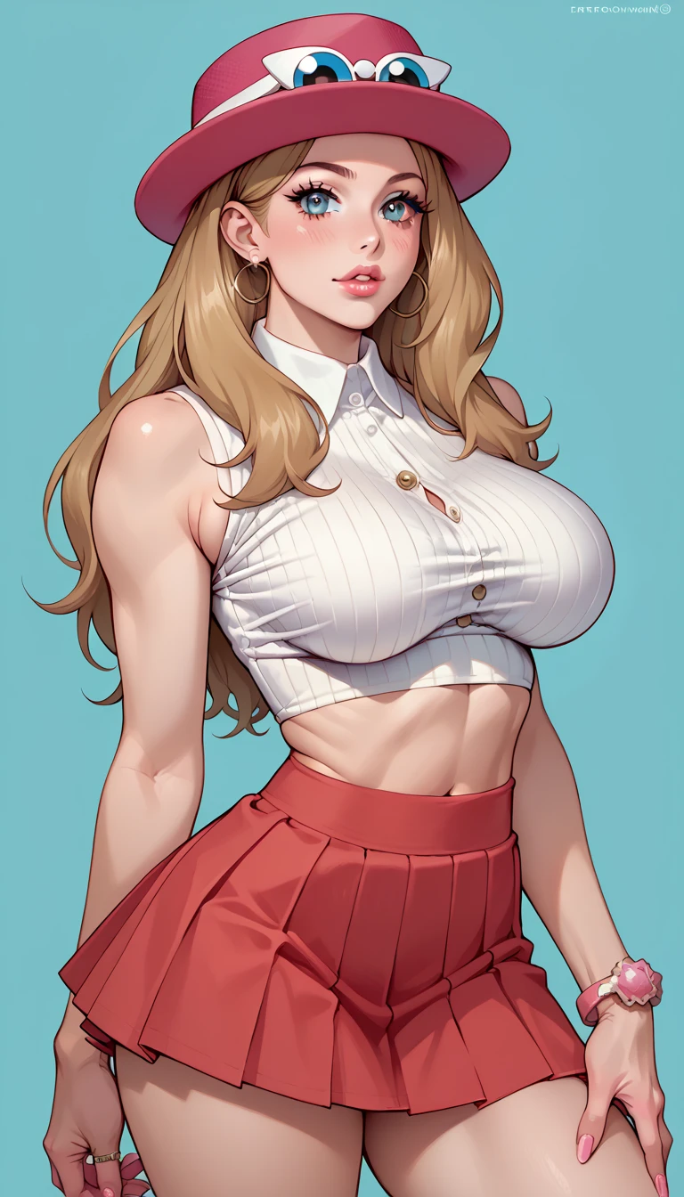 Serena from pokemon, big round gravity defying fake tits, bimbo, adult 22, detailed eyes, tight crop top, pleated miniskirt, hat