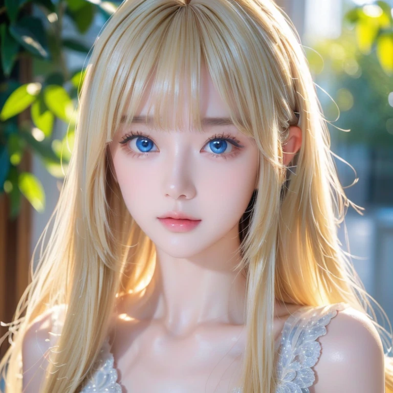 Super long blonde hair、 very beautiful blond hair that shines brightly、 super long silky straight hair 、 very large bright eyes 、 very white and radiant skin 、 shiny highlights on the cheeks 、 long bangs between eyes、 bangs between eyes 、 best quality、masterpiece、 Ultra Fine、（ photorealistic：1.4）、 girl 、shoulder、Charming、 look at the camera、The beauty of a small face、Round face、 reflective blond light 、Extremely gentle 、 shiny very bright light blue eyes 、Big breasts inside the back 、 super long silky straight hair 、