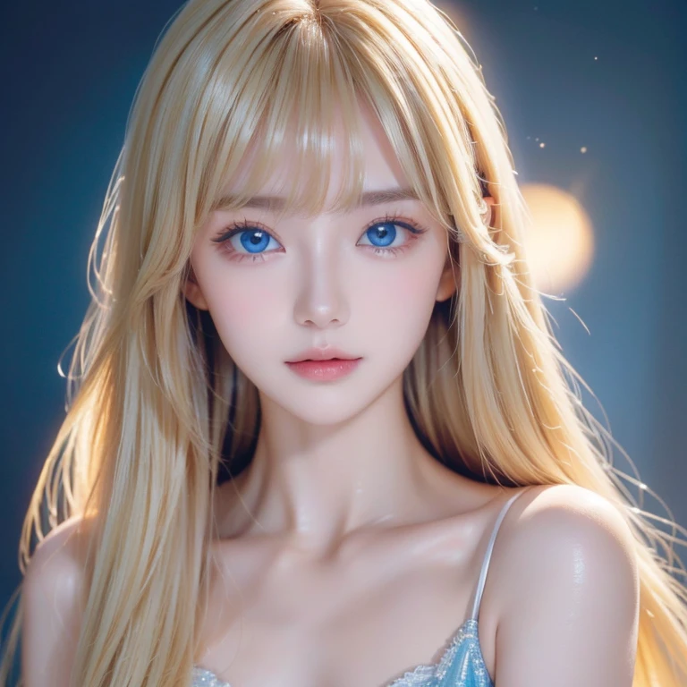 Super long blonde hair、 very beautiful blond hair that shines brightly、 super long silky straight hair 、 very large bright eyes 、 very white and radiant skin 、 shiny highlights on the cheeks 、 long bangs between eyes、 bangs between eyes 、 best quality、masterpiece、 Ultra Fine、（ photorealistic：1.4）、 girl 、shoulder、Charming、 look at the camera、The beauty of a small face、Round face、 reflective blond light 、Extremely gentle 、 shiny very bright light blue eyes 、Big breasts inside the back 、 super long silky straight hair 、