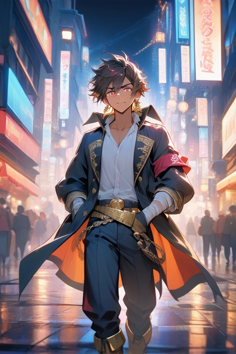 expressive eyes, perfect face, brown hair with blonde dyed tips, adult male with tan skin, orange eyes, black simple open long coat with a red and black undershirt, pirate pants with a gold belt and gold boots, bandaged hands and a black armband as well as a red right earring, city background, night