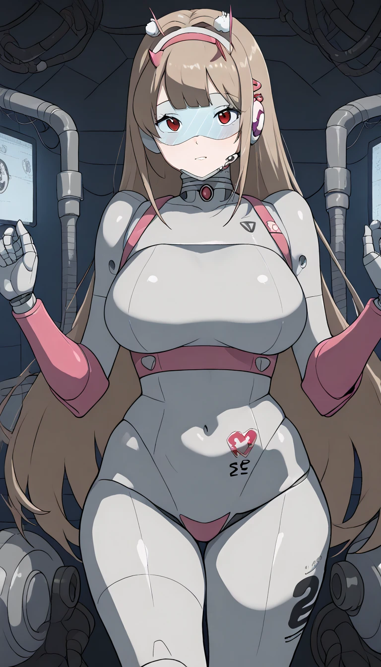 masterpiece, best quality, extremely detailed, (8K, 4K, Best Quality, hight resolution, 超A high resolution:1.1), ,8k portrait, Japaese android Girl,Plump , black leg cover,announcer,control panels,android,Droid,Mechanical Hand, Robot arms and legs, Robot Parts,golden long hair,Mechanical body,Blunt bangs,perfect mechanical abdomen, robotics parts,perfect robot woman,future laboratory,cyber pank,charging spot,laboratory,long tube,thick cable connected her neck,black ceramic body ,perfect mechanical body, robot body,lod antenna,mechanical ear cover,android,robot humanoid,black sponge joints,The removable cover is in the groin,The connection port is in the groin,opened chest panel,access panel on the chest,opened breast panel,perfect mechanical breast,perfect black machine body,perfect black android body,She has repaired,assembly plant,no human skin,visor,mistyrobot,viper(nikke),robot joint,doll joint,malfunction,core unit,a thin waist,mecha musme,chrome body,sex,yuri,lesbian