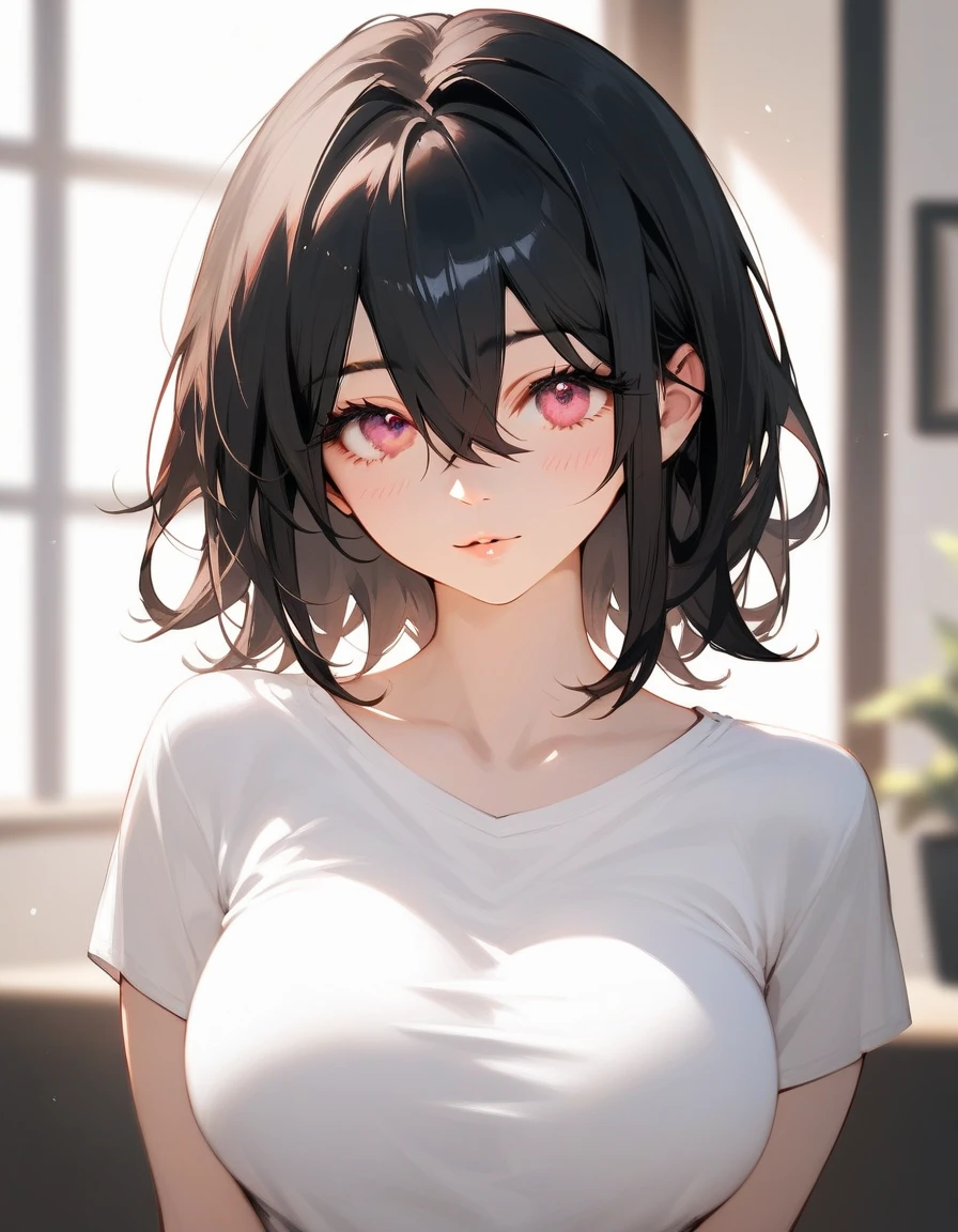 ((masterpiece)), ((best quality)), ((high resolution)), ((in room)), (white room, white wall, windows, curtain)), ((black hair, blunt bangs, short hair, mature female, red eyes, halo, large breast, black t-shirt, black pleated skirt, tsukatsuki Rio)), cowboy shot, skin is wet and shiny, ((tilts head, View from the front:1.2)), ((Extremely detailed CG unified 8k wallpaper