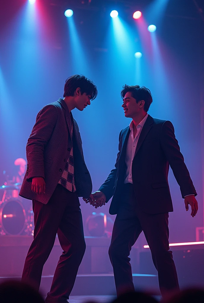 West Side Story　musical　Men approaching while dancing while snapping their fingers、On a lighted stage
