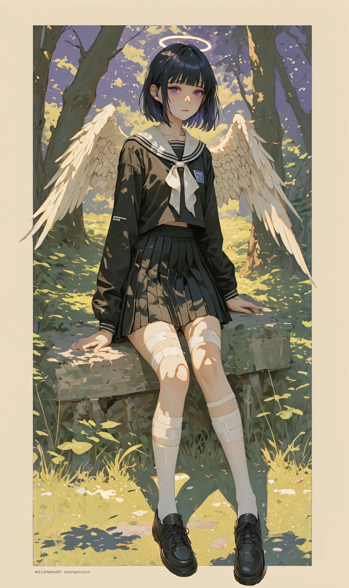 Black Hair,short hair,black eye,Angel's wing,Black clothes,Gender unknown,Expressionless,The lines are a little rough, best quality, masterpiece, 748cmstyle, 1girl, angel wings, white skirt, glitch, halo, bandaid on leg, black hair, barcode, school uniform, white neckerchief, black socks, long sleeves, medium hair, black shirt, dot mouth, white sailor collar, pleated skirt, serafuku, purple eyes, gauze, white wings, simple background, sitting, looking at viewer, blue background, blunt bangs, pale skin, sleeves past wrists, blush, long bangs, feet out of frame, kneehighs, feathered wings, ear piercing, knees up, no mouth, english text, bandaid on knee, colored inner hair, head tilt, bandages, empty eyes, sidelocks, purple background, Sunlight filters through the leaves above, creating dappled patterns of light and shadow on her face and the grass. The background features dense greenery and a serene, natural atmosphere, emphasizing the quiet harmony between the woman and her surroundings. The composition captures a moment of restful solitude in nature, with warm lighting and soft textures that highlight the peaceful mood. dreadmirthart