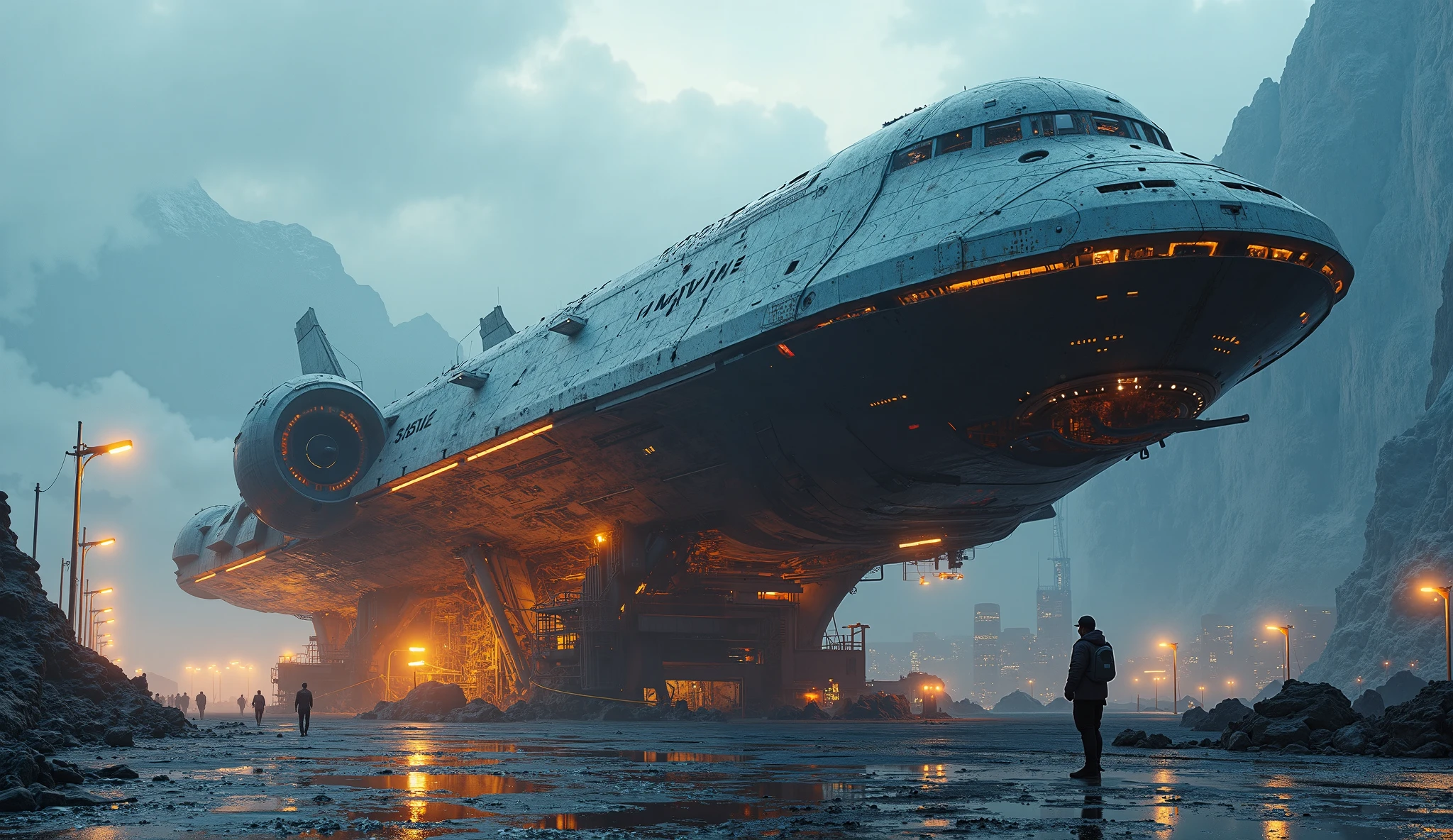 "high-fidelity futuristic sci-fi spaceship construction yard, angular design with no curves, 4K resolution, exposed raw metallic structures with sharp edges and no rounded surfaces, manufacturing marks and scratches, industrial angles, dynamic particle effects interacting with atmospheric light, leaving light trails, low-angle wide-angle view from ground level, large and imposing construction yard with fine details slightly blurred due to distance, intricate engine assembly with angular precision, hull construction showcasing geometric precision, complex design precision, giant scale, overwhelming presence, contrast with tiny city buildings below, atmospheric clouds, distant mountains, city skyline, light and atmospheric effects, rich deep blue and orange color scheme with warm engine glow contrast, steady overall tone, epic cinematic perspective, awe-inspiring space travel essence, microscopic details, heavy sense, realistic, complexity, Leica color tone, telephoto lens compression effect, sense of scale and grandeur, panoramic landscape, distant planet, starry sky, towering mountains, icy textures, solitary figure, vast and desolate environment, moody atmosphere, high level of detail, cinematic quality"