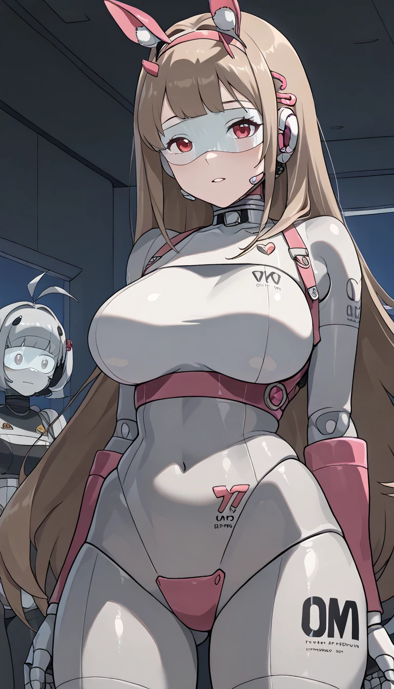 masterpiece, best quality, extremely detailed, (8K, 4K, Best Quality, hight resolution, 超A high resolution:1.1), ,8k portrait, Japaese android Girl,Plump , black leg cover,announcer,control panels,android,Droid,Mechanical Hand, Robot arms and legs, Robot Parts,golden long hair,Mechanical body,Blunt bangs,perfect mechanical abdomen, robotics parts,perfect robot woman,future laboratory,cyber pank,charging spot,laboratory,long tube,thick cable connected her neck,black ceramic body ,perfect mechanical body, robot body,lod antenna,mechanical ear cover,android,robot humanoid,black sponge joints,The removable cover is in the groin,The connection port is in the groin,opened chest panel,access panel on the chest,opened breast panel,perfect mechanical breast,perfect black machine body,perfect black android body,She has repaired,assembly plant,no human skin,visor,mistyrobot,viper(nikke),robot joint,doll joint,malfunction,core unit,a thin waist,mecha musme,chrome body,sex,yuri,lesbian