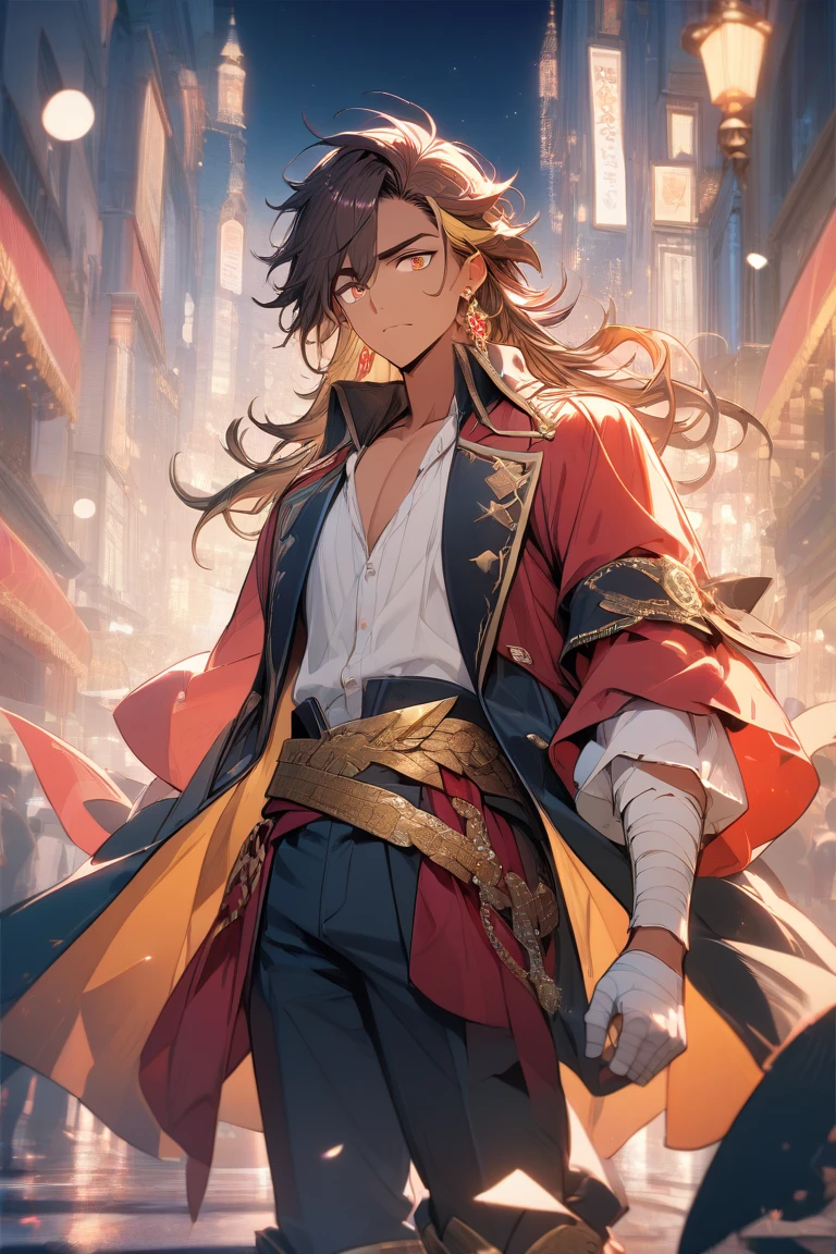 (masterpiece), best quality, expressive eyes, perfect face, brown hair with blonde dyed tips, adult male with tan skin, orange eyes, black simple open long coat with a red and black undershirt, pirate pants with a gold belt and gold boots, bandaged hands and a black armband as well as a red right earring, city background, night