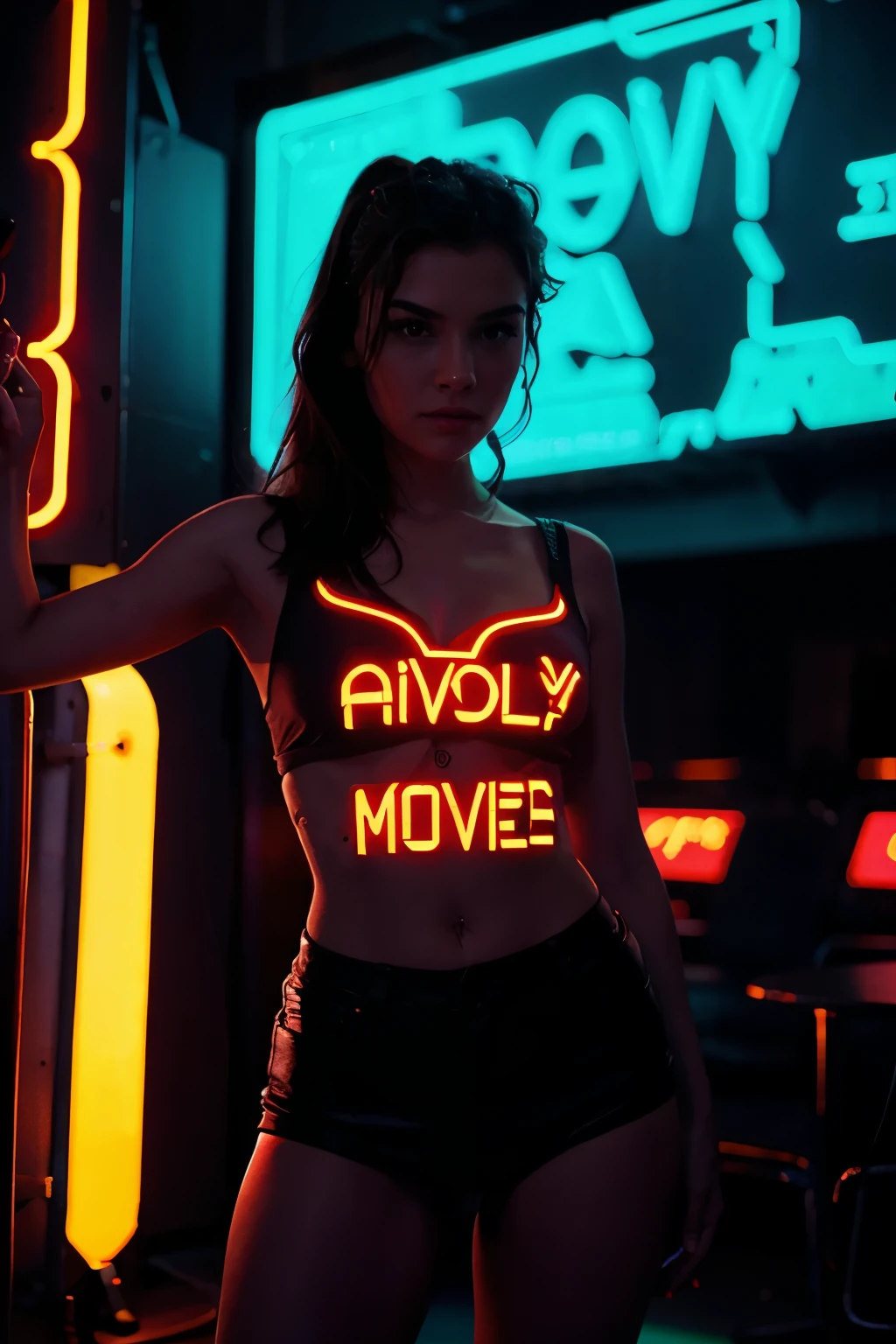 A candid, dynamic shot of a young woman in a neon-lit rave, immersed in the pulsating energy of the crowd. The word "LUSTIFY" is on a wall, glowing in neon. Vibrant lighting—strobes, deep purples, and electric blues—cut through the haze-filled atmosphere, casting dramatic highlights on her face and body. Her expression is intense, lost in the music, with glistening skin reflecting the neon glow. The light contours her features, making her the focal point amid the chaotic energy, with motion blur capturing the raw, immersive movement of the moment. Black crop top