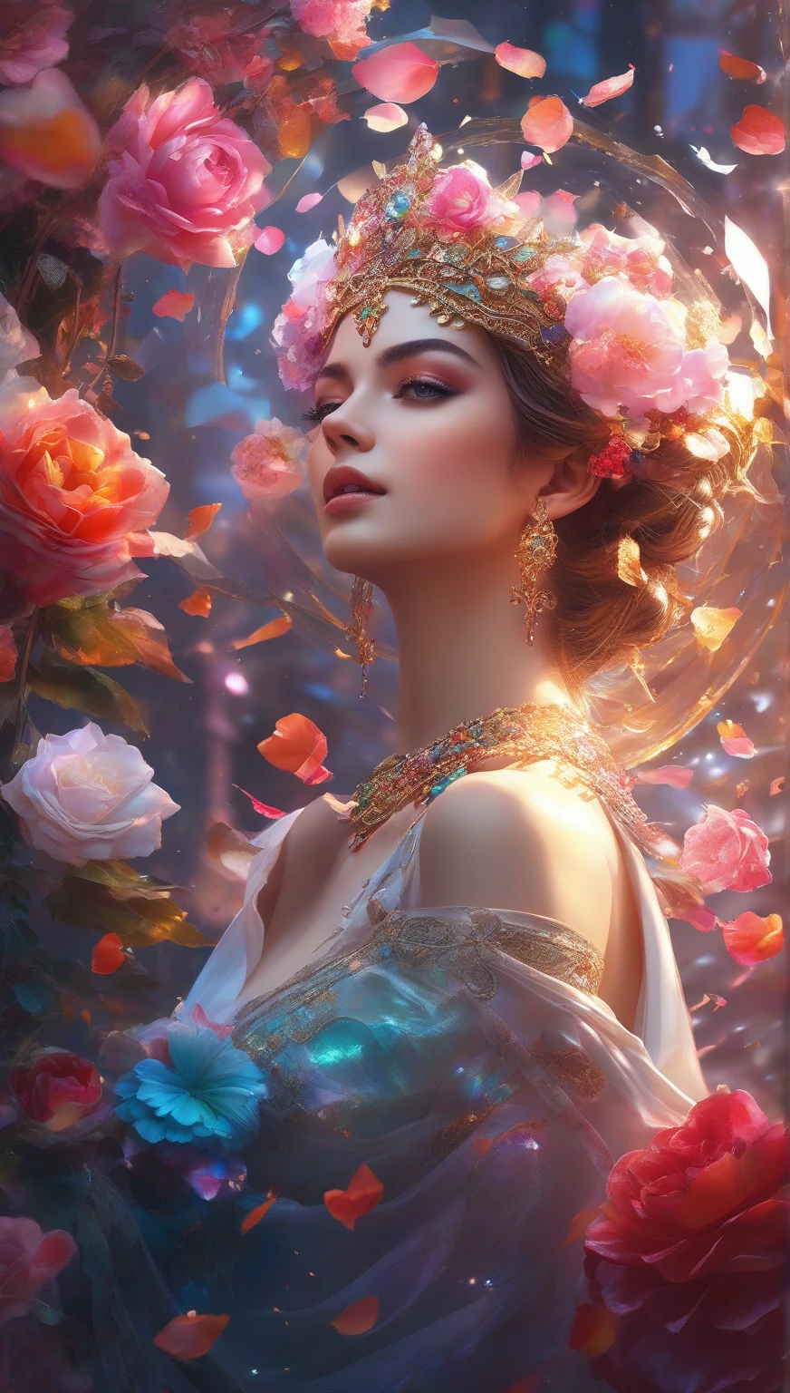 a woman with a flower crown on her head and a necklace, beautiful fantasy portrait, beautiful fantasy art portrait, fantasy portrait, fantasy art portrait, beautiful fantasy maiden, beautiful portrait, fantasy genre portrait, fantasy portrait art, intricate wlop, beautiful digital artwork, beautiful fantasy art, beautiful maiden, romanticism portrait, ross tran 8 k, very beautiful portrait, beautiful portrait image