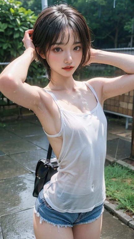 (8k, Top quality, Masterpiece:1.2), (Realistic, photo-realistic:1.37), Super detailed, perfect anatomy, cute, small eyes, 1, a Japanese, girl, heavy rain, bangs, wet hair, wet clothes, sweat body, soaking wet, rainy, storm,