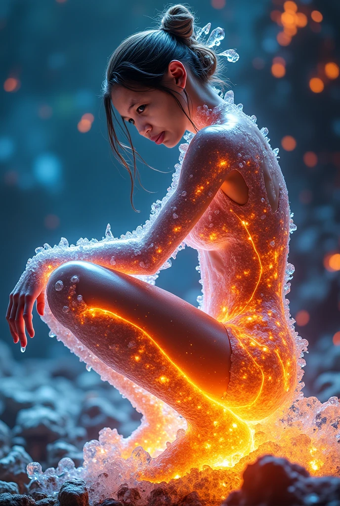 masterpiece, Highest quality), 8k,(((Very detailed))), Race:1.8, Super intricate Race pattern, colorful Race pattern, A transparent body with a faint glow, like stained glass, light up, 1 female, Swimsuit, Open Back, , Japanese, sultry body with セクシー belly, Sexy girl, Young sensual elegance, Sexy body, Sexy look, Very Short Hair, Wavy Hair, Shooting in the studio at dusk, Shooting from behind, Sitting on the floor, Intelligent face, look away from the camera, Narrow waist, Large Breasts、Smile a little, Open your mouth a little, EOS 50mm F2, Blur the background, look away from the camera, Lighting the face, Painting-like pose, Thighs, whole body, nude,